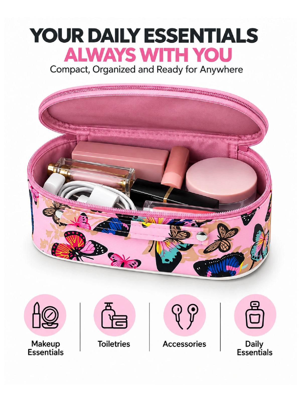 Butterfly Print Cosmetic Pouch – Pink Makeup Bag