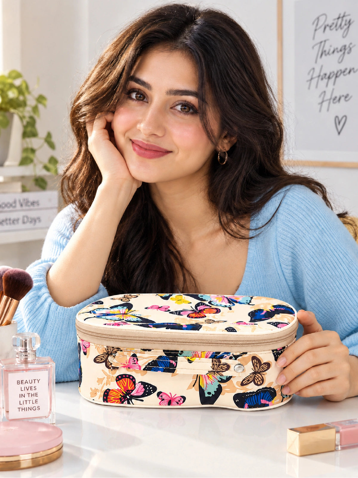 Butterfly Print Cosmetic Pouch – Cream Makeup Bag