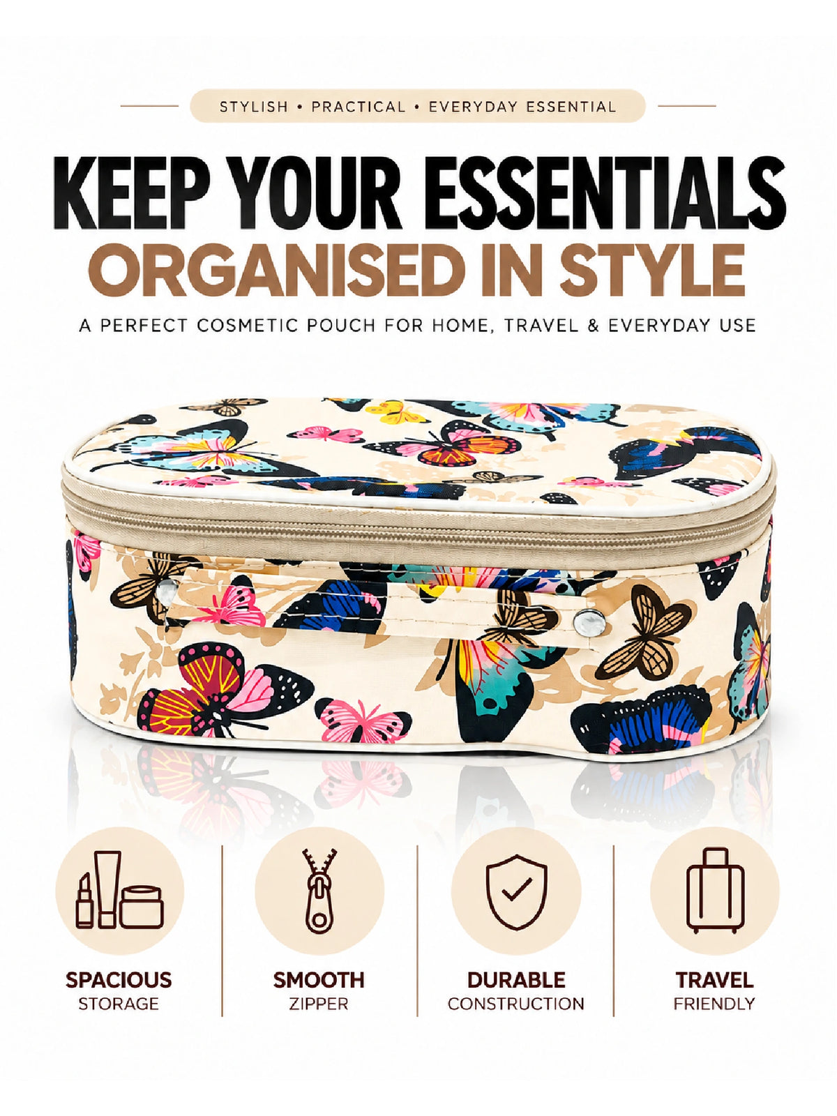 Butterfly Print Cosmetic Pouch – Cream Makeup Bag