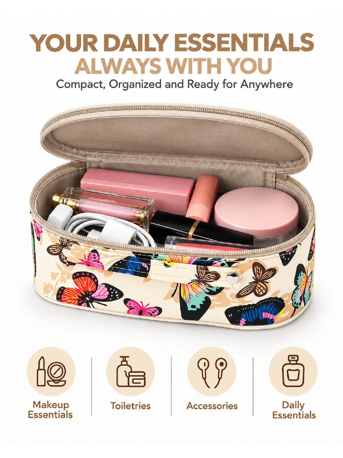 Butterfly Print Cosmetic Pouch – Cream Makeup Bag