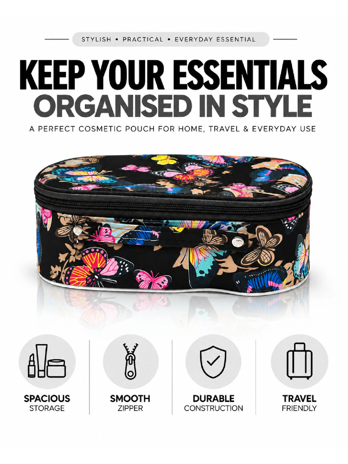 Butterfly Print Cosmetic Pouch – Black Makeup Bag