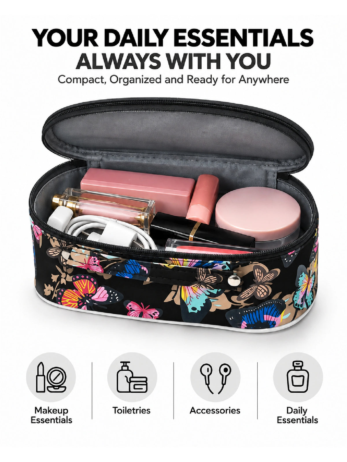 Butterfly Print Cosmetic Pouch – Black Makeup Bag