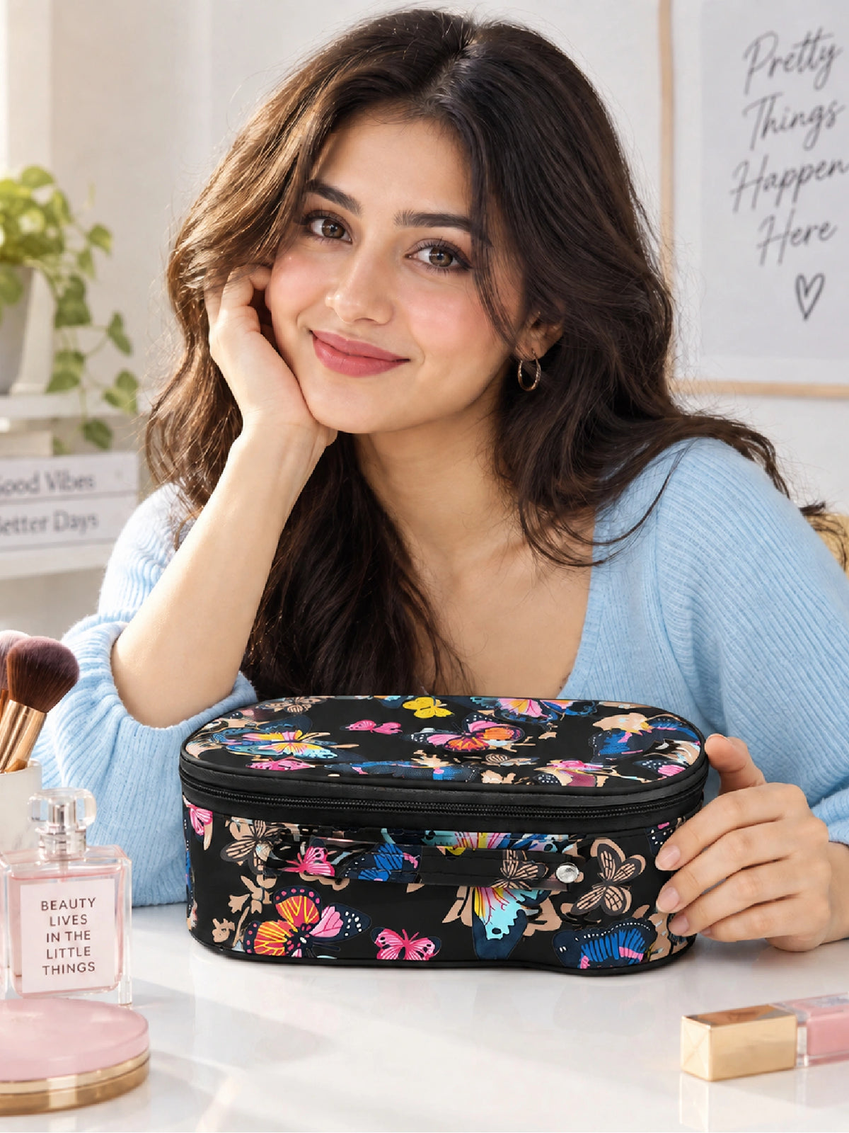 Butterfly Print Cosmetic Pouch – Black Makeup Bag