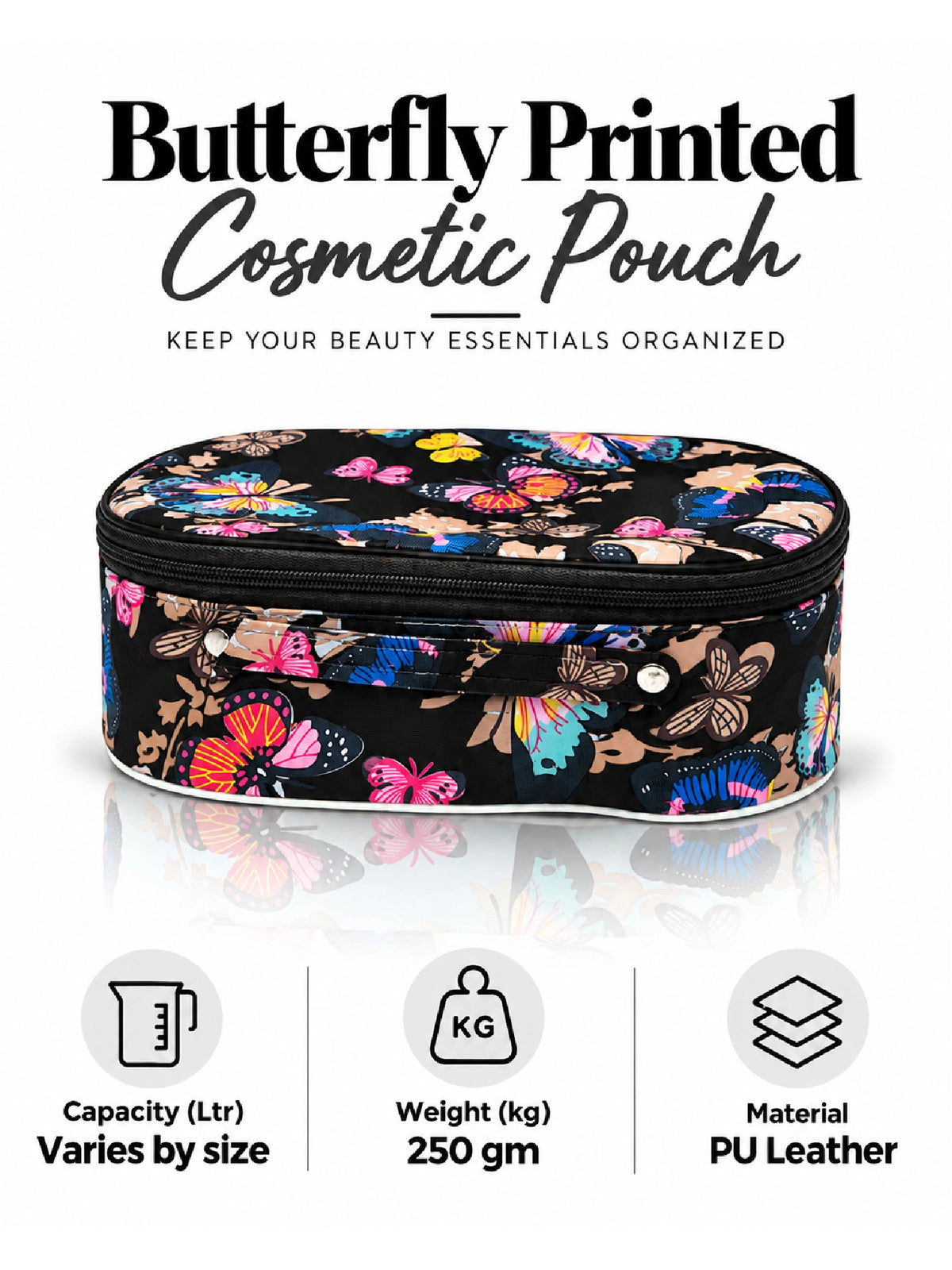 Butterfly Print Cosmetic Pouch – Black Makeup Bag