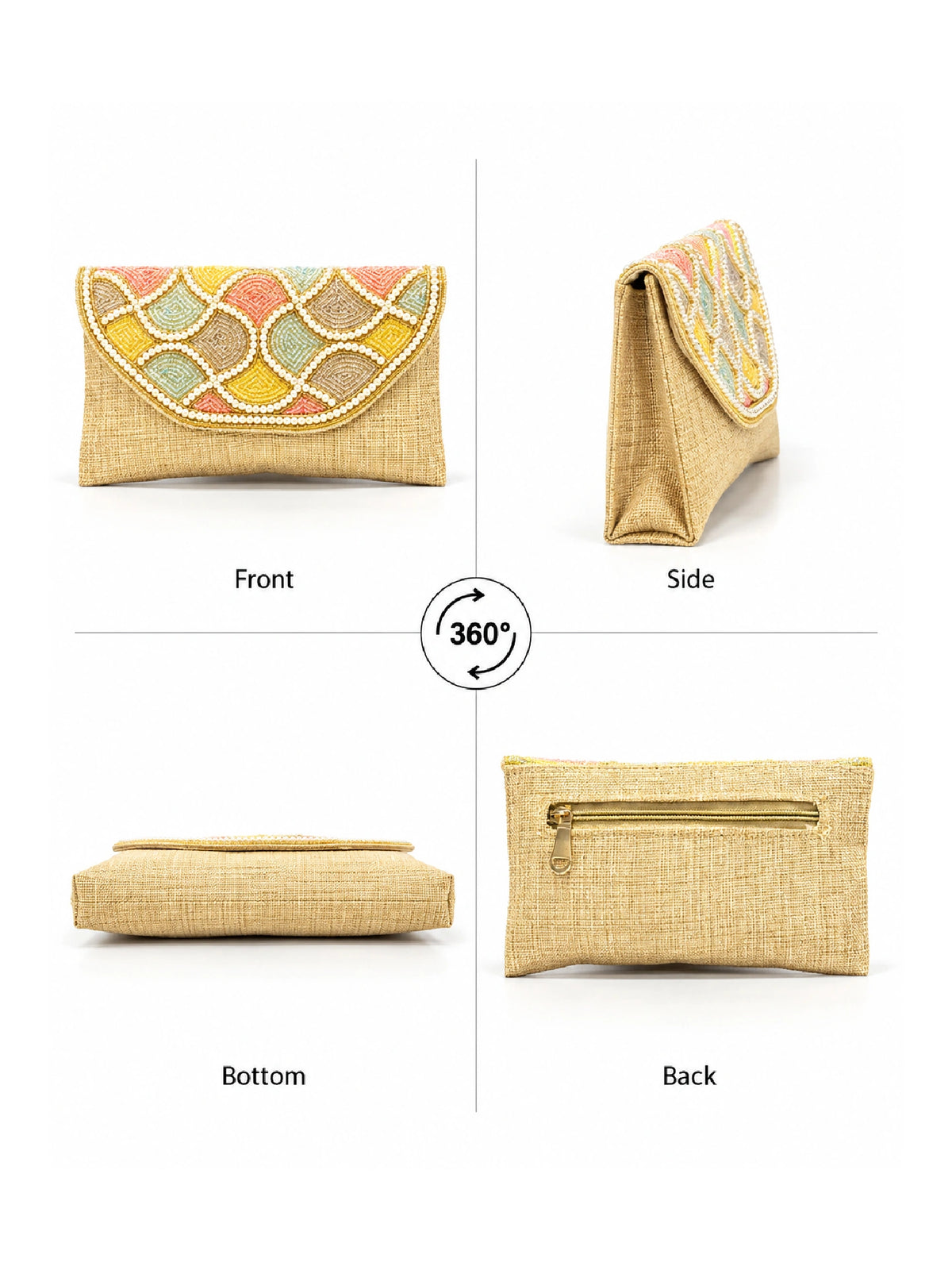 Golden Embroidered Jute Clutch Bag - Multicolour Bead