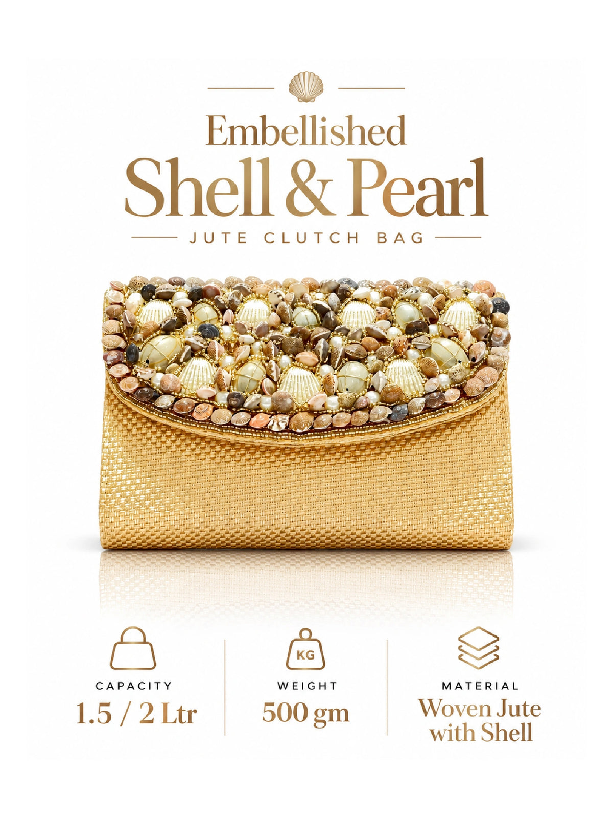 Pearl & Shell Embellished Jute Clutch – Golden Ethnic Bag