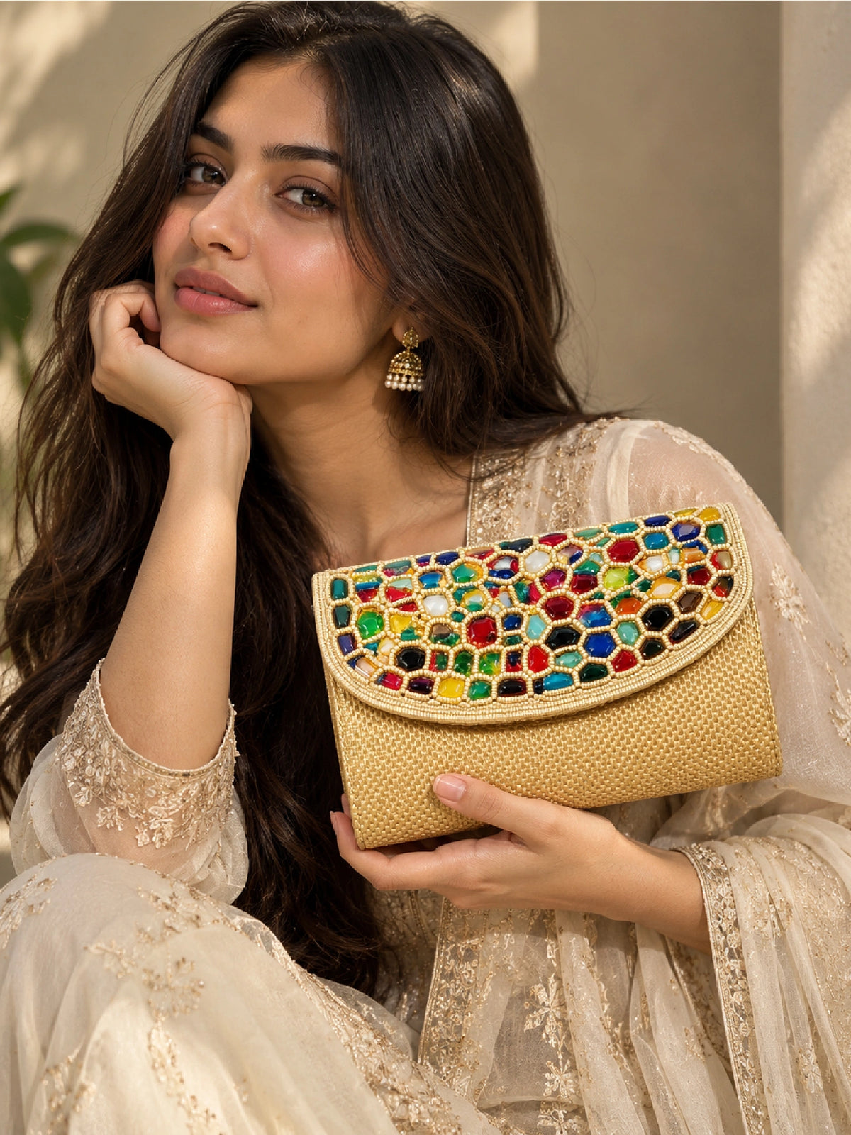 Embroidered Golden Clutch Bag with Mirror Work