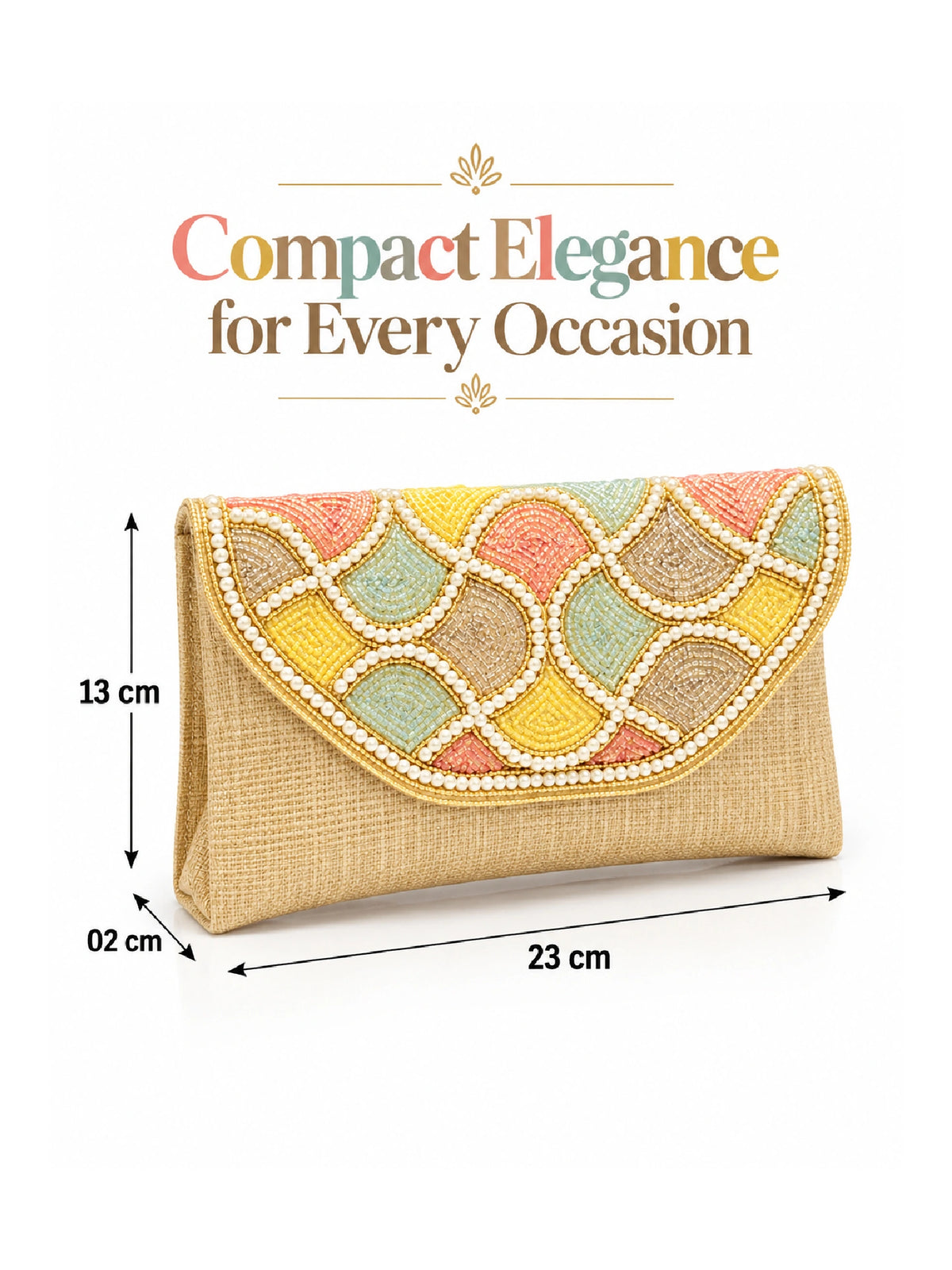 Golden Embroidered Jute Clutch Bag - Multicolour Bead
