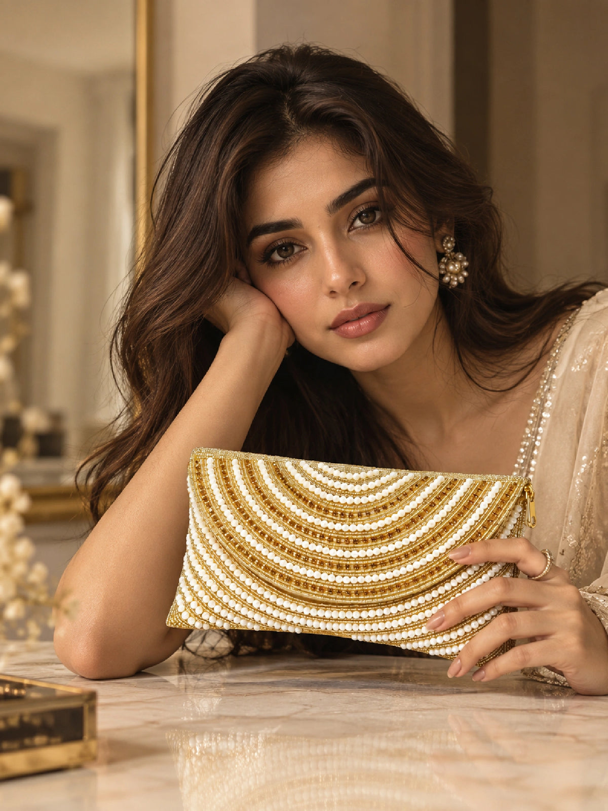 Beaded Gold & White Pearl Clutch Bag - Ethnic Handbag