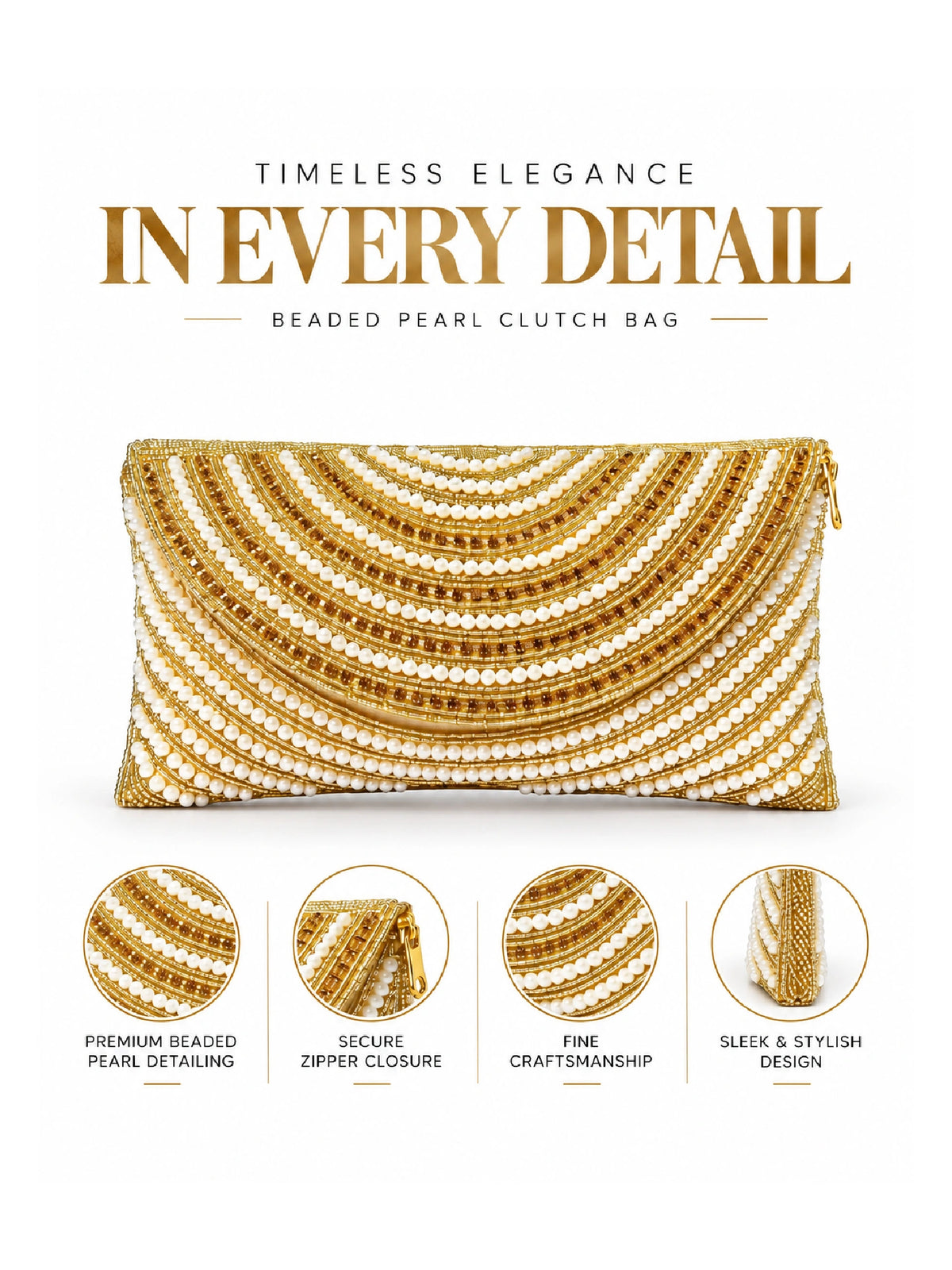 Beaded Gold & White Pearl Clutch Bag - Ethnic Handbag