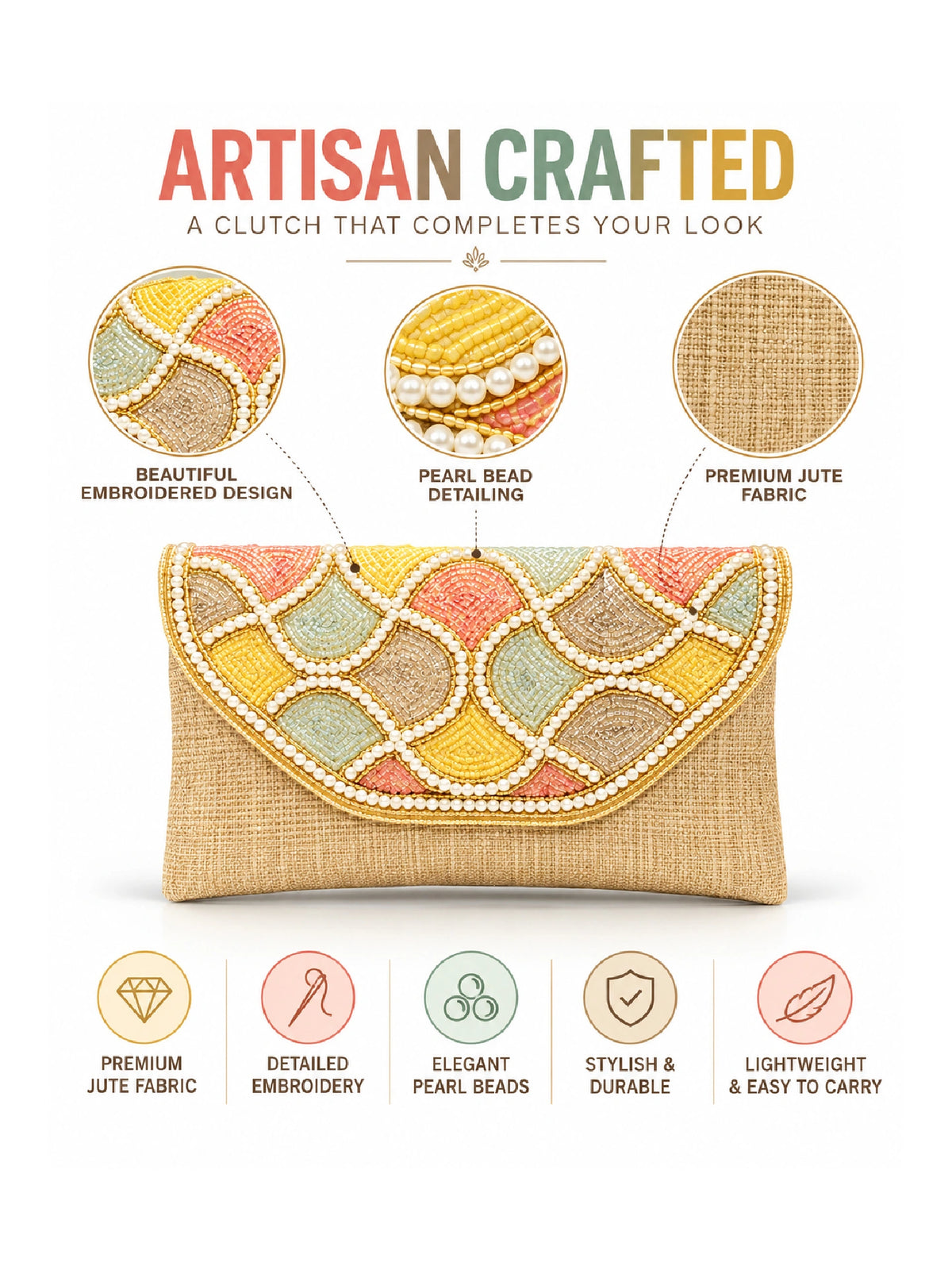 Golden Embroidered Jute Clutch Bag - Multicolour Bead