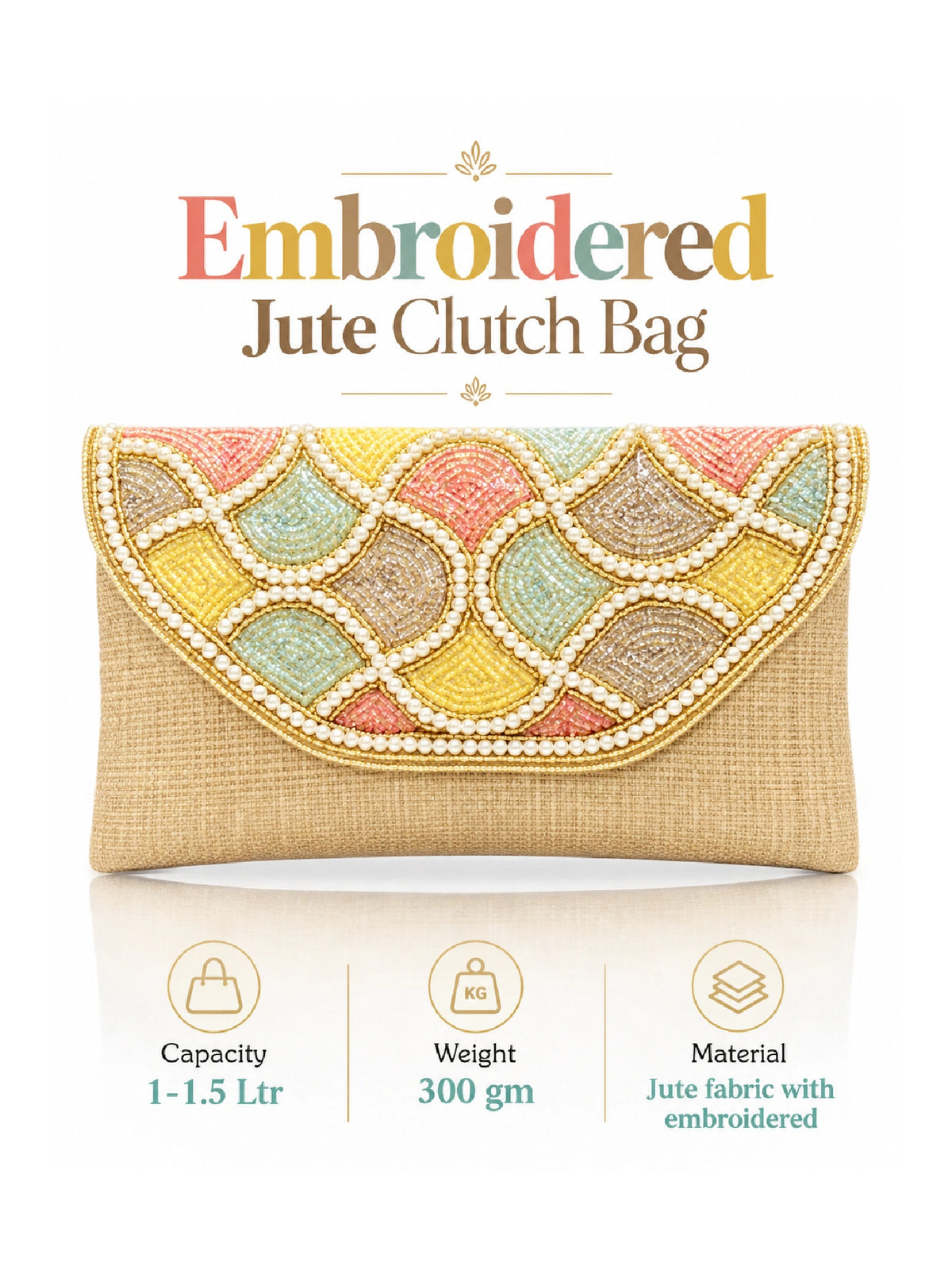 Golden Embroidered Jute Clutch Bag - Multicolour Bead