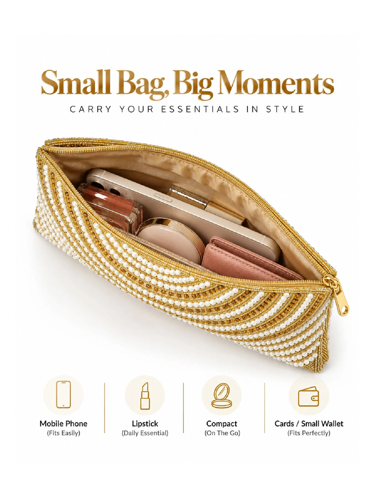 Beaded Gold & White Pearl Clutch Bag - Ethnic Handbag