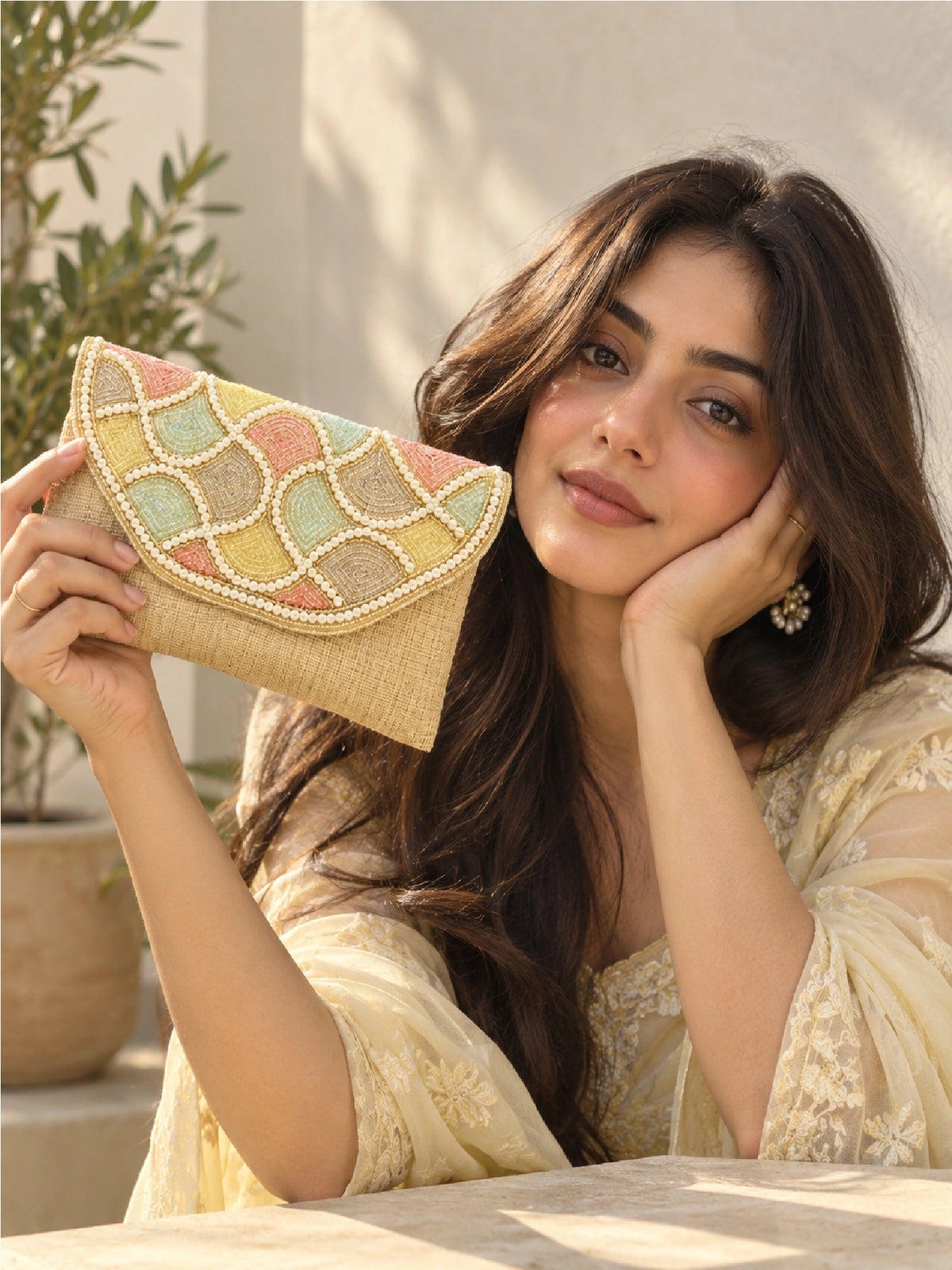 Golden Embroidered Jute Clutch Bag - Multicolour Bead