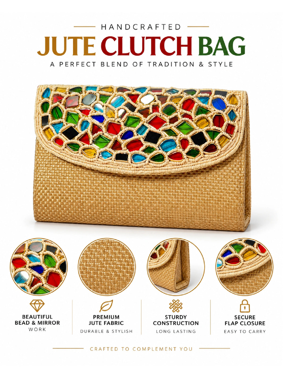 Embroidered Golden Clutch Bag with Mirror Work