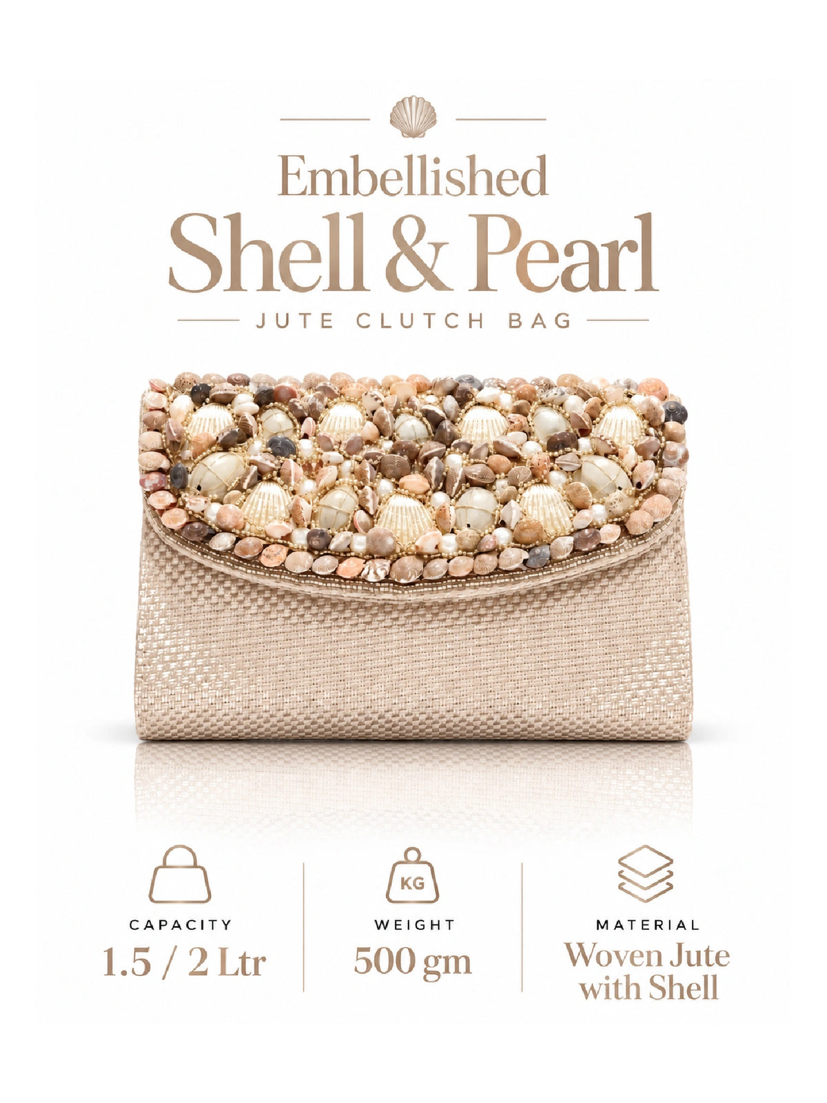 Pearl & Shell Embellished Jute Clutch – Beige Ethnic Bag