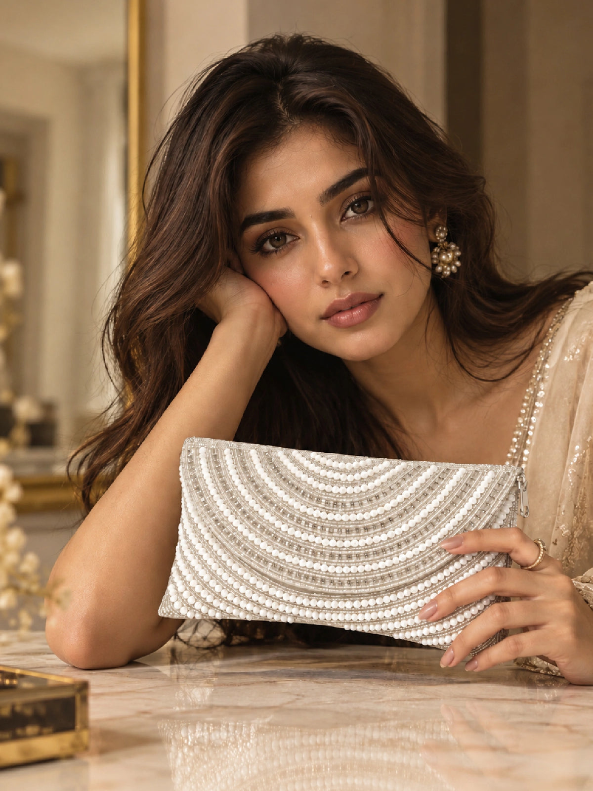Beaded White Pearl Clutch Bag - Ethnic Handbag