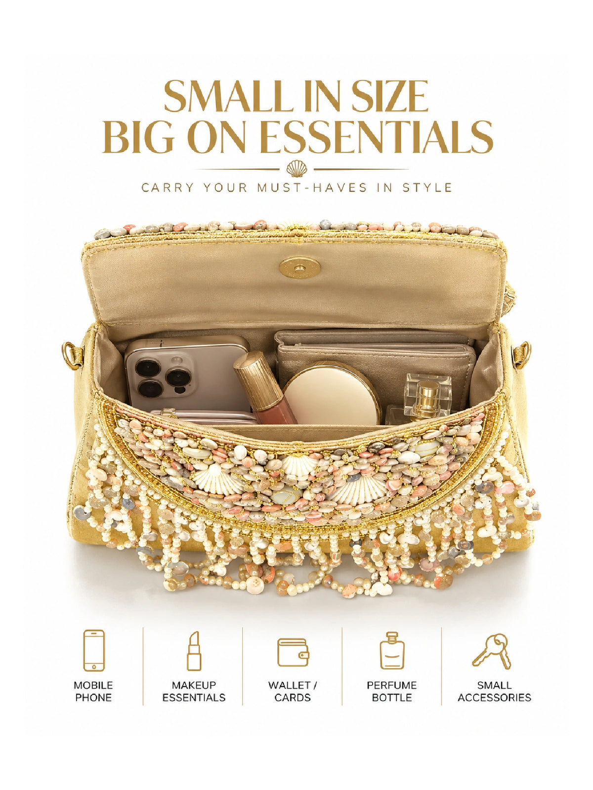 Seashell & Pearl Embellished Clutch Bag – Ethnic Sling