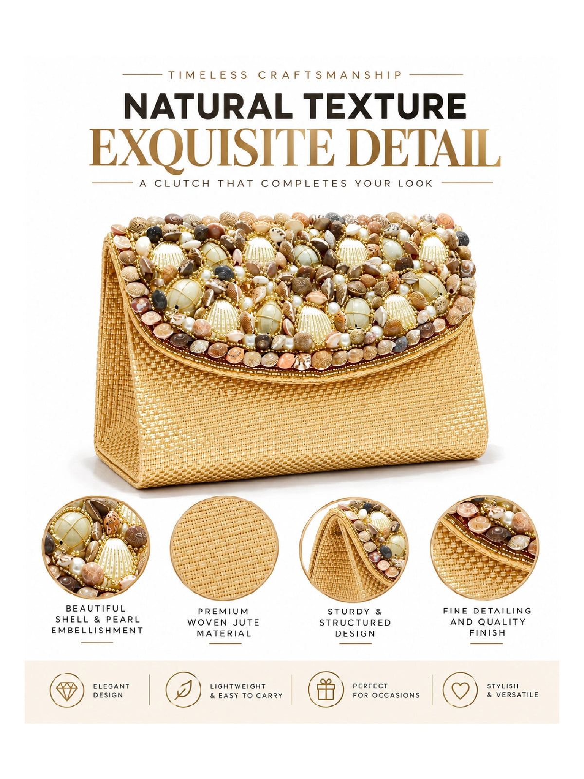 Pearl & Shell Embellished Jute Clutch – Golden Ethnic Bag