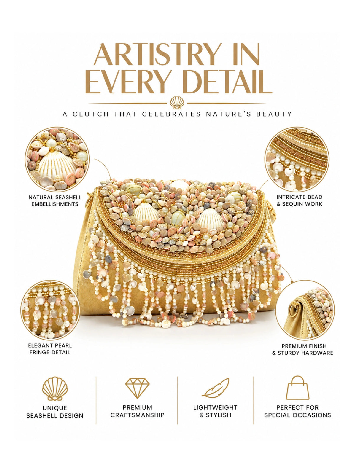 Seashell & Pearl Embellished Clutch Bag – Ethnic Sling