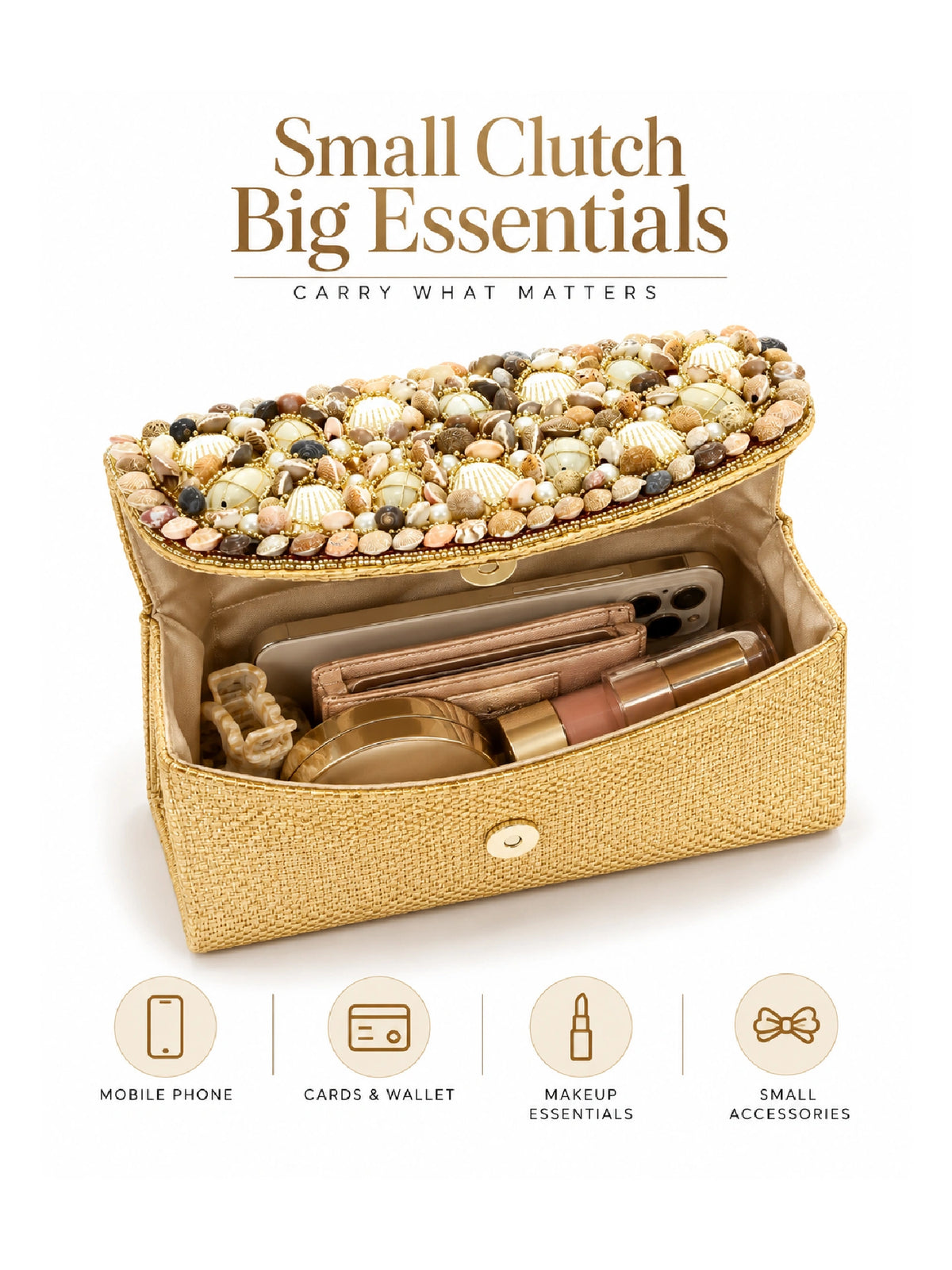 Pearl & Shell Embellished Jute Clutch – Golden Ethnic Bag