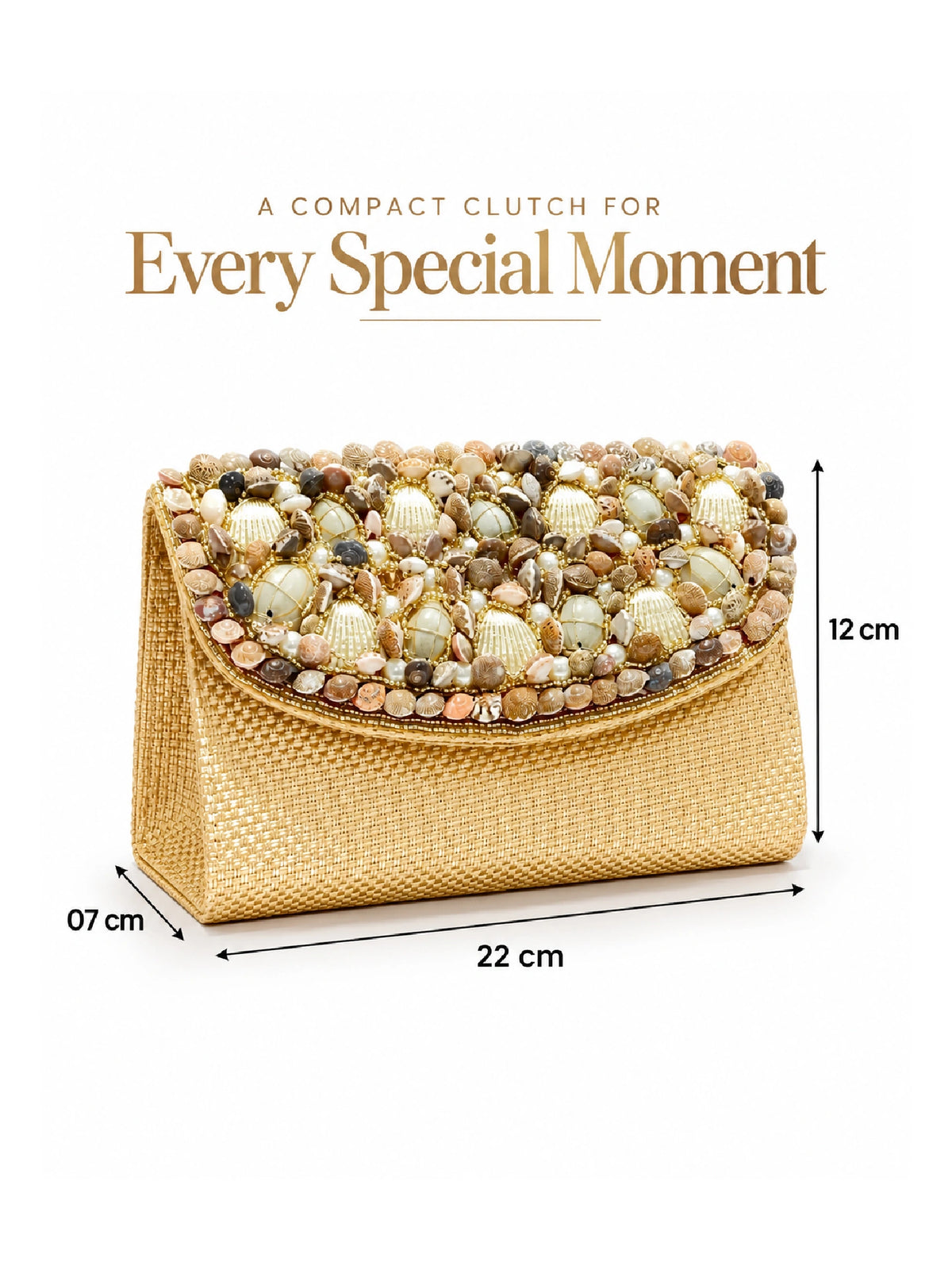 Pearl & Shell Embellished Jute Clutch – Golden Ethnic Bag