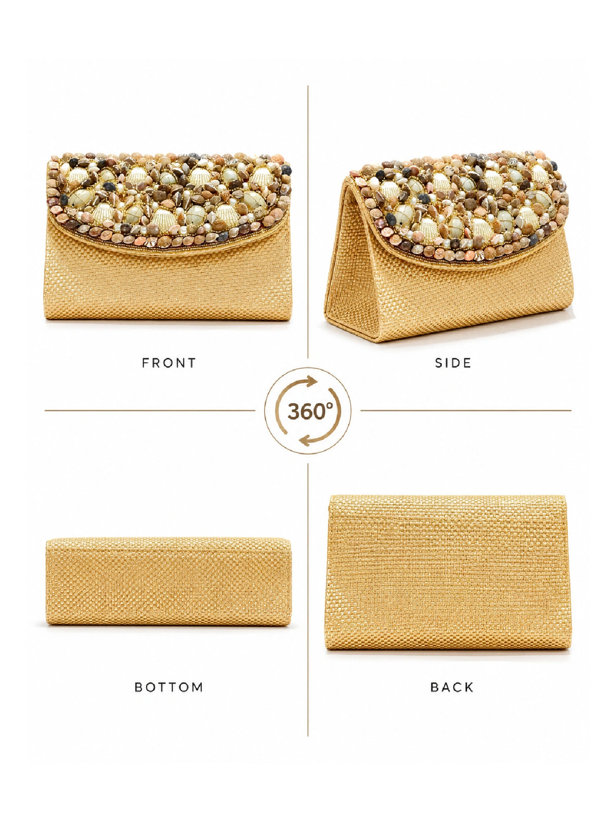 Pearl & Shell Embellished Jute Clutch – Golden Ethnic Bag