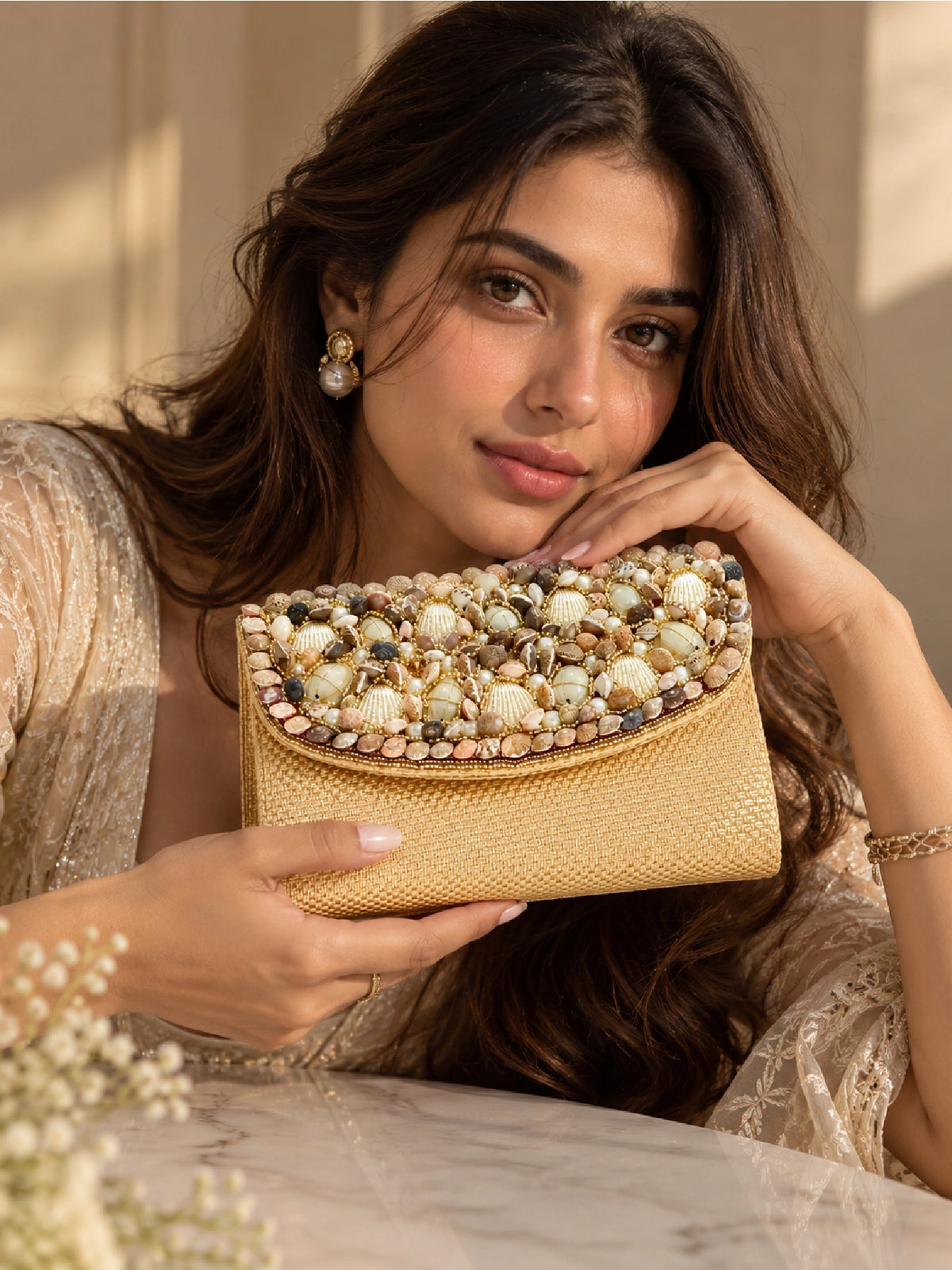 Pearl & Shell Embellished Jute Clutch – Golden Ethnic Bag