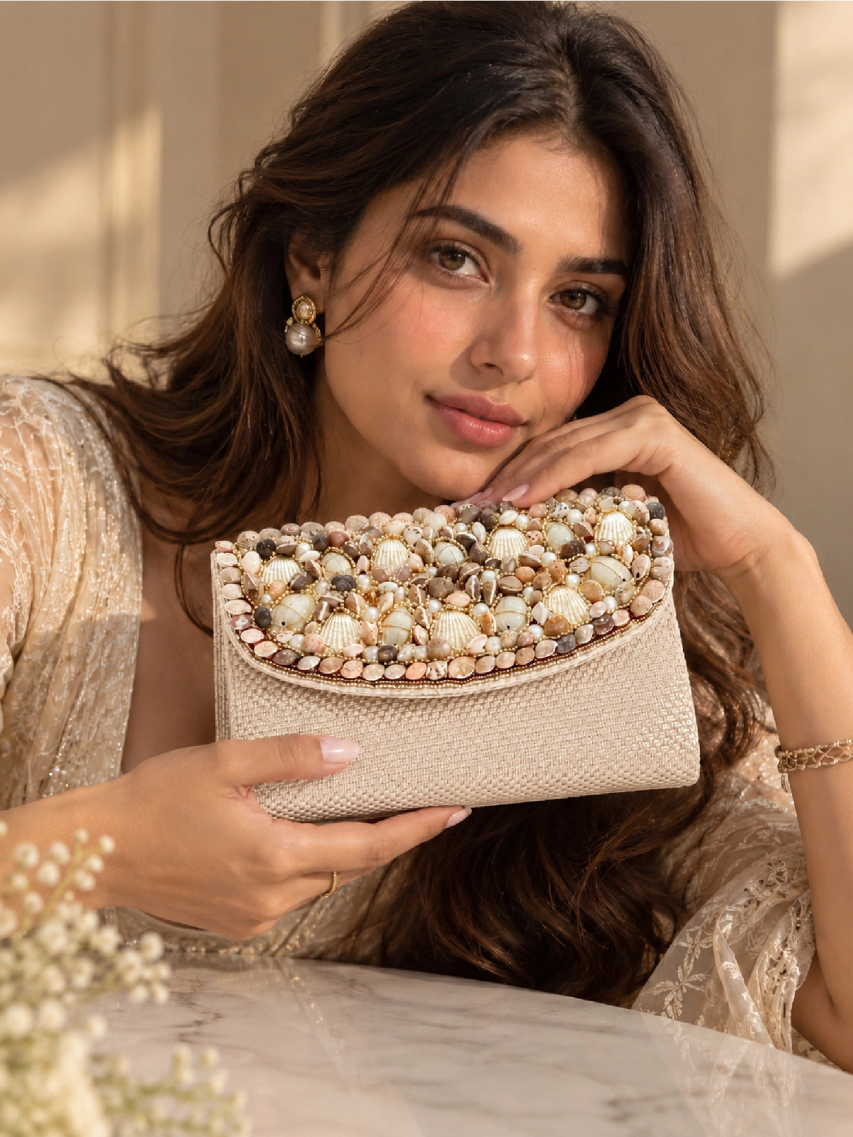 Pearl & Shell Embellished Jute Clutch – Beige Ethnic Bag