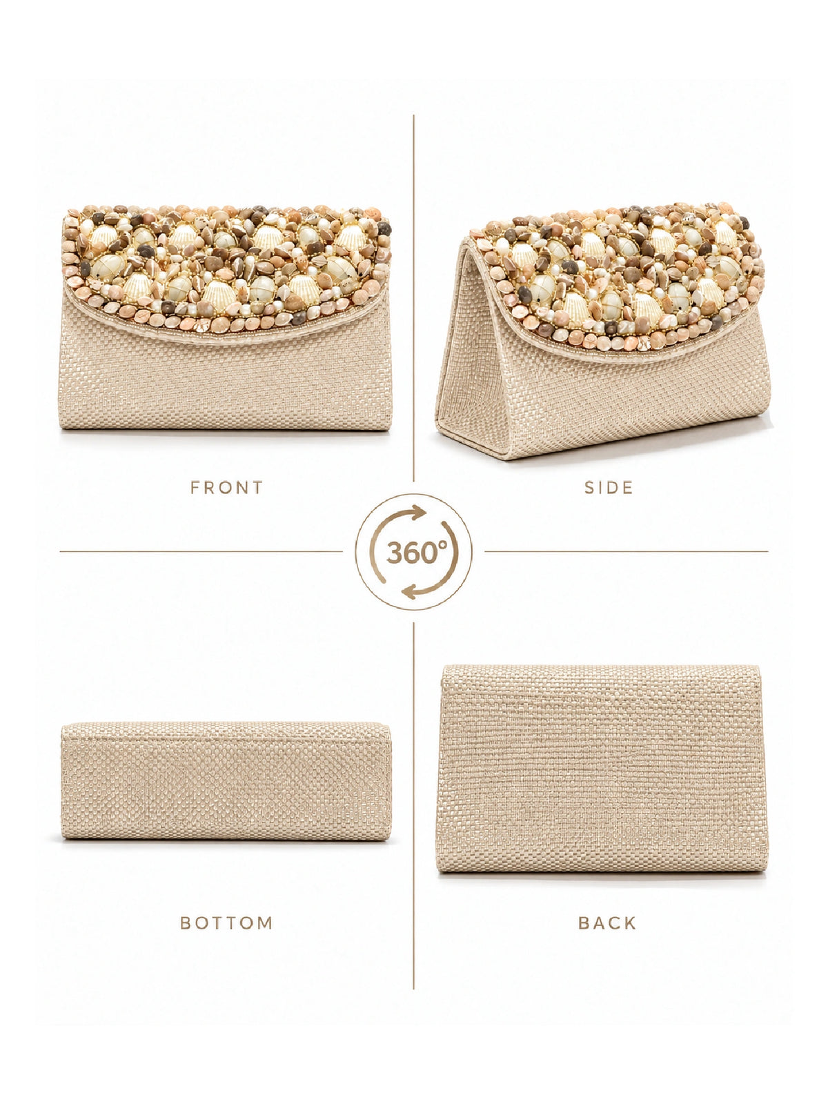 Pearl & Shell Embellished Jute Clutch – Beige Ethnic Bag