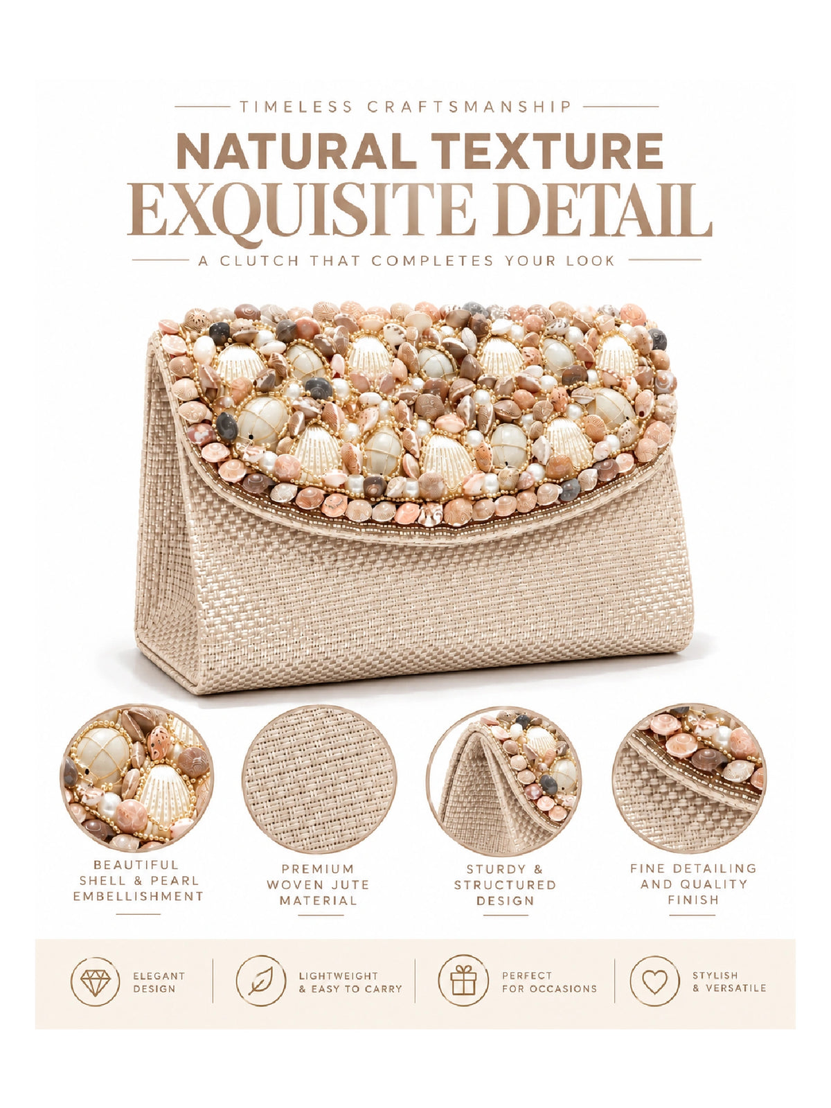 Pearl & Shell Embellished Jute Clutch – Beige Ethnic Bag