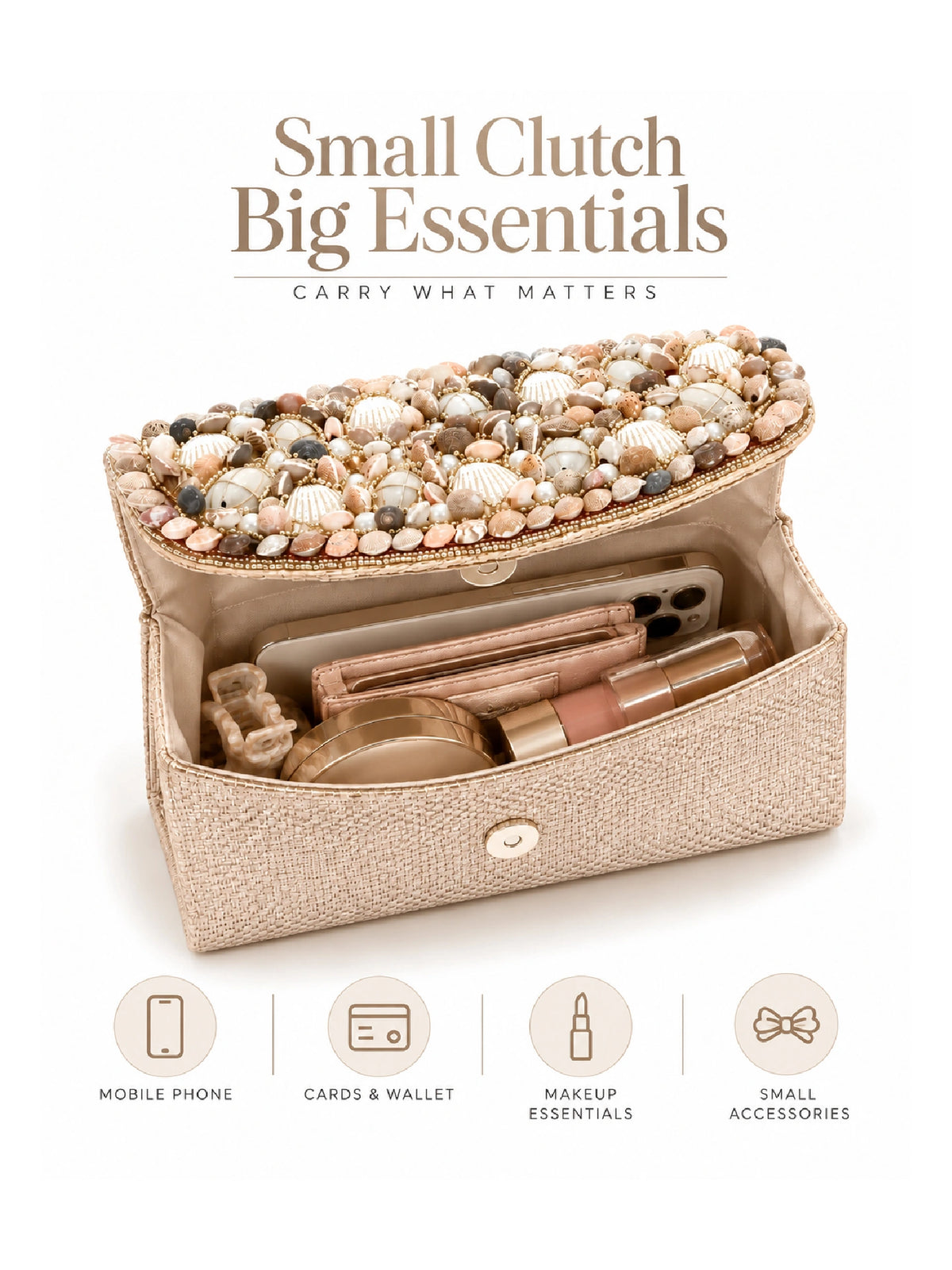 Pearl & Shell Embellished Jute Clutch – Beige Ethnic Bag
