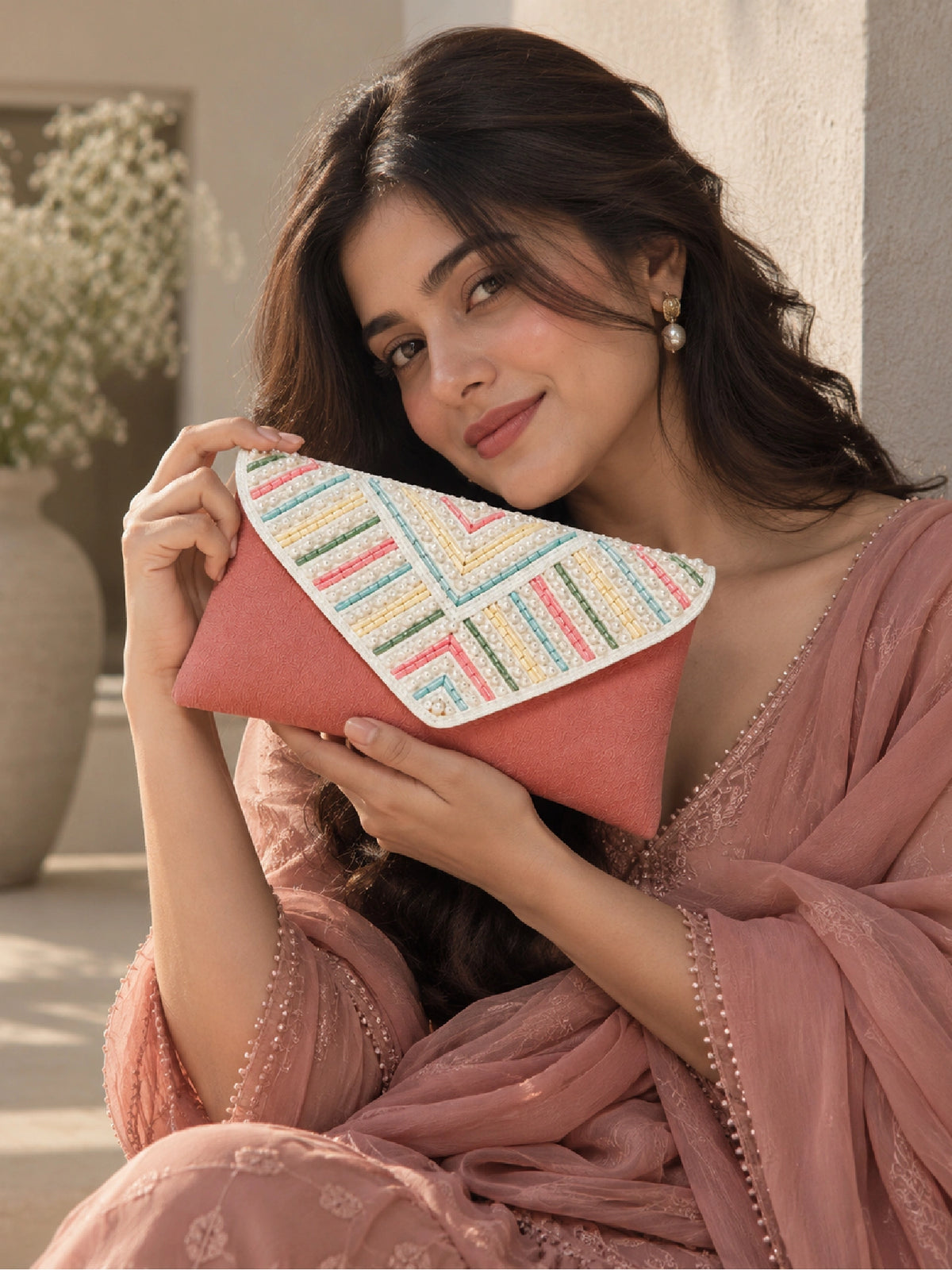 Pearl Embellished Envelope Clutch Bag - Ethnic Handbag