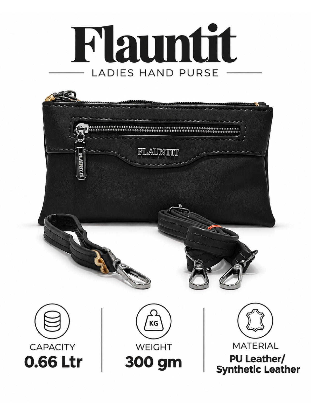 Flauntit Ladies Hand Purse - Black Sling Bag