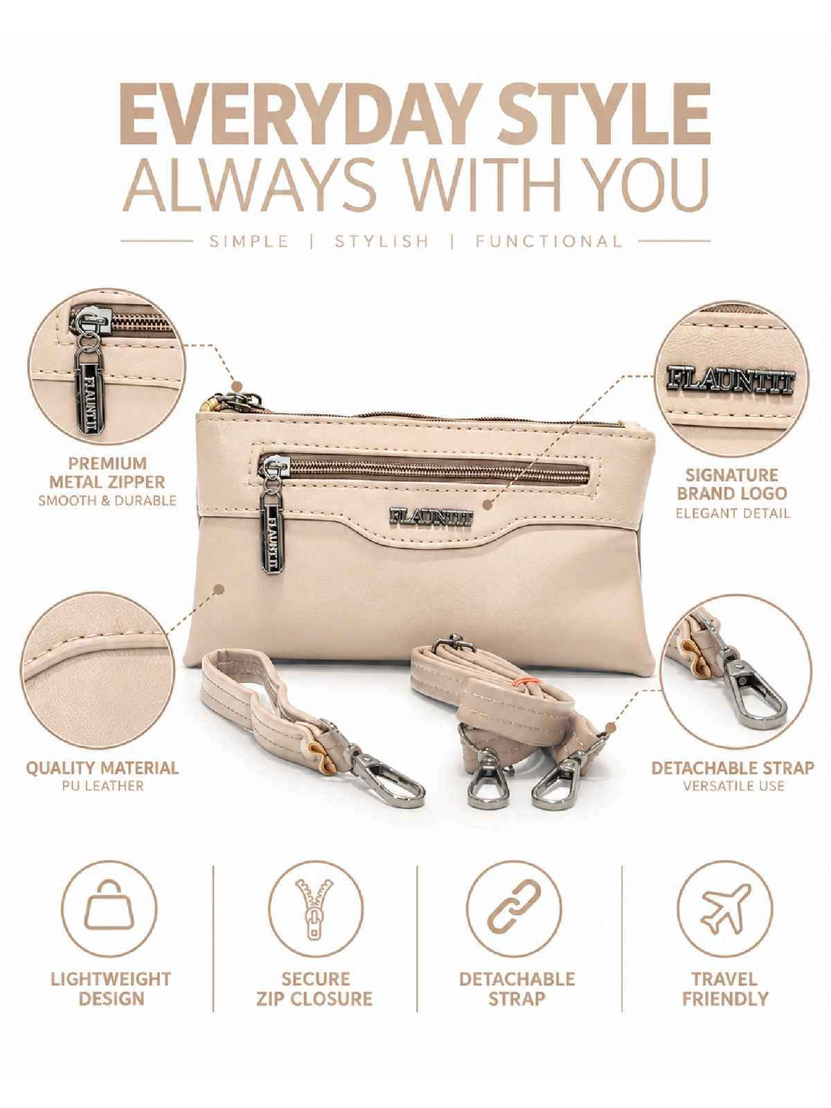 Flauntit Ladies Hand Purse - Light Beige Sling Bag
