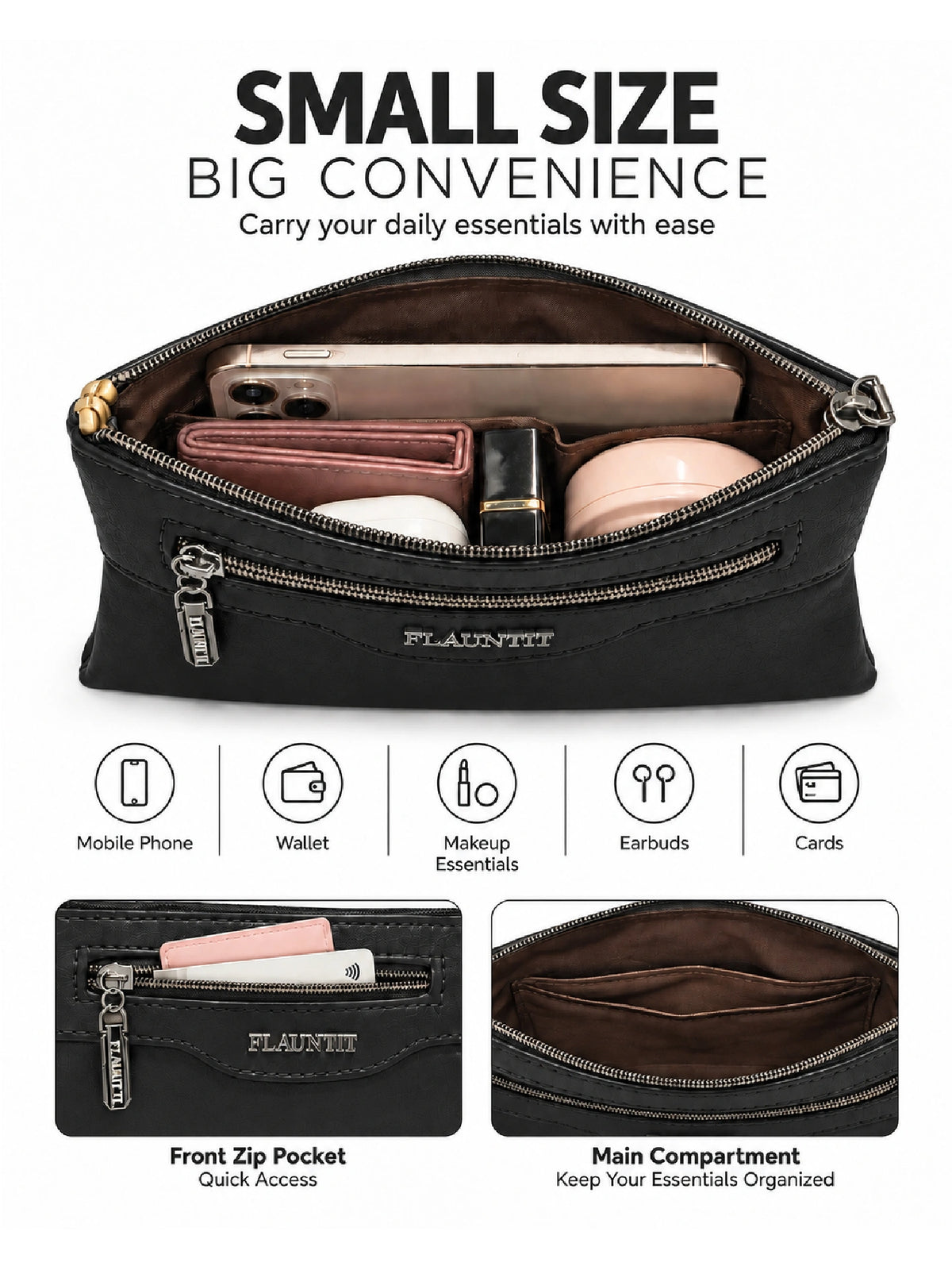Flauntit Ladies Hand Purse - Black Sling Bag