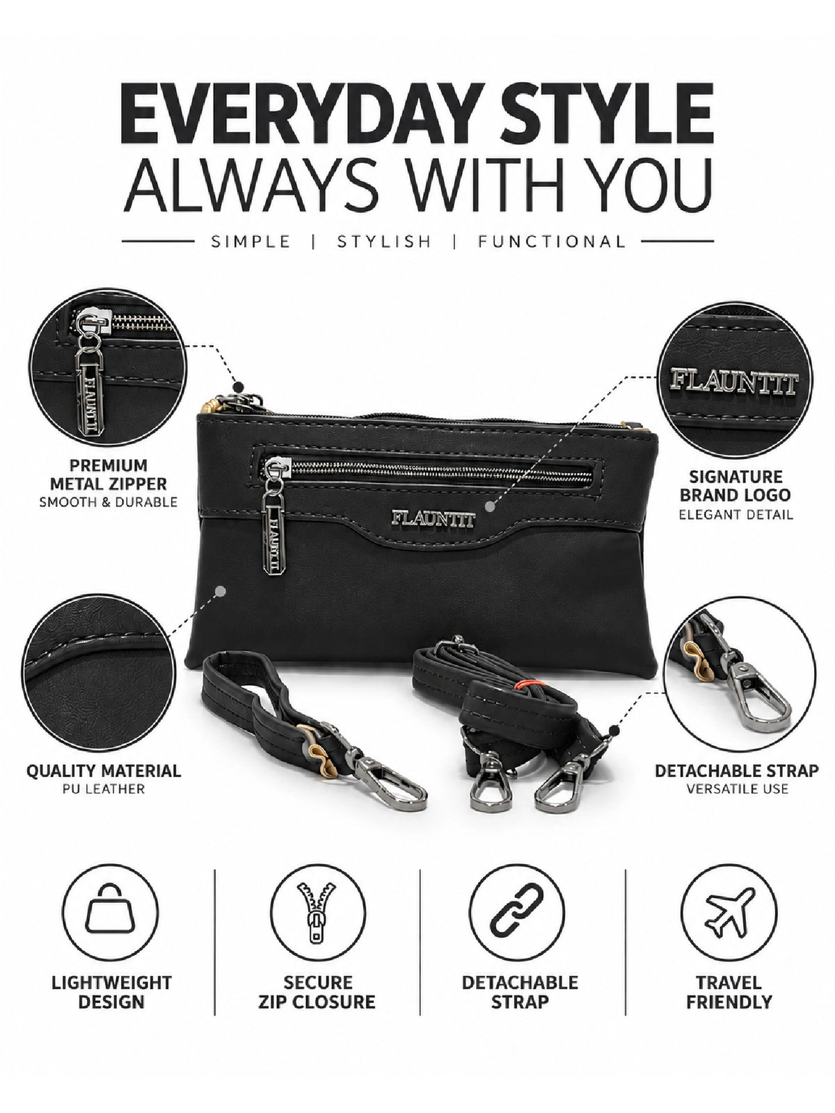 Flauntit Ladies Hand Purse - Black Sling Bag