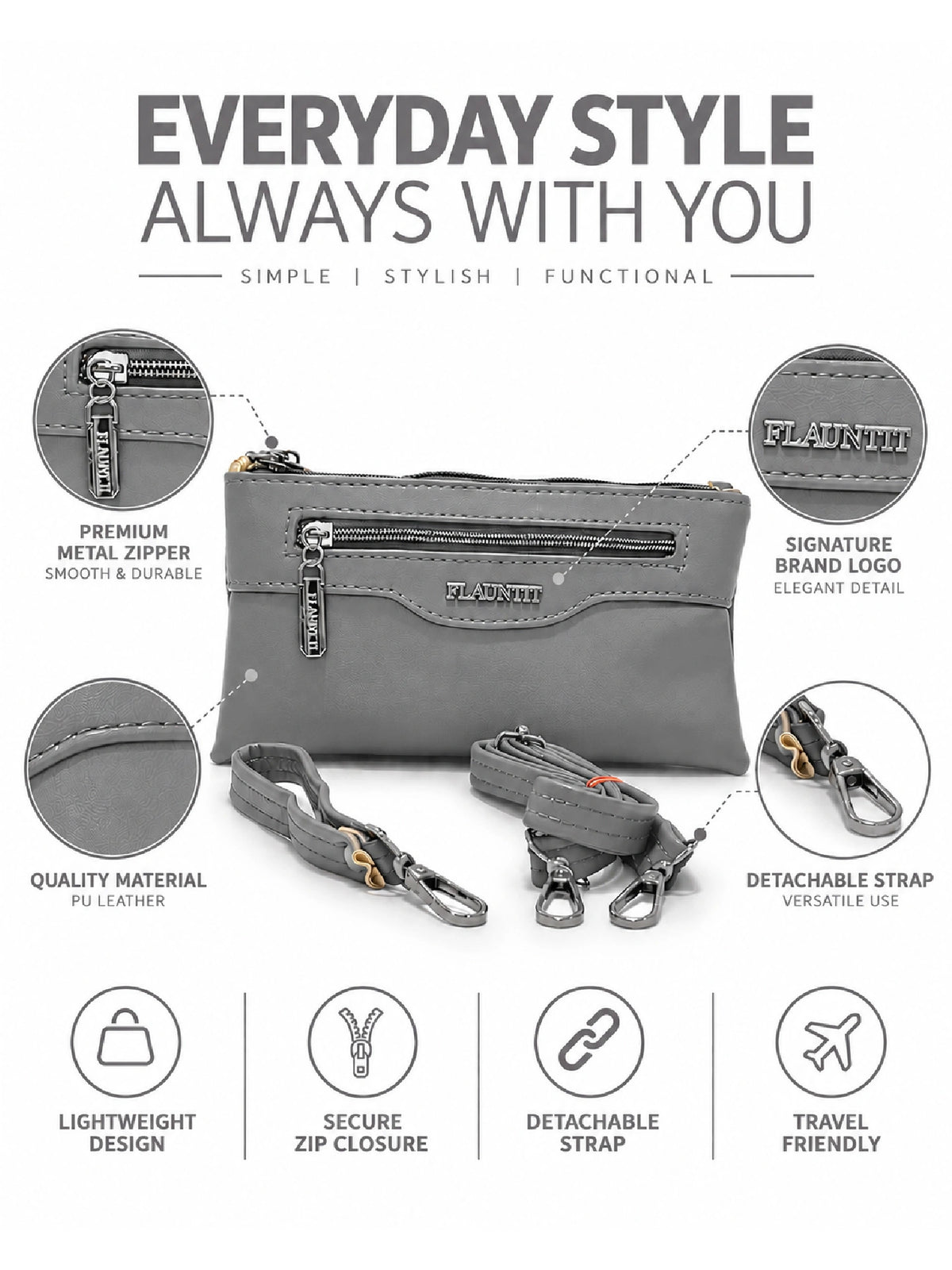 Flauntit Ladies Hand Purse - Grey Sling Bag