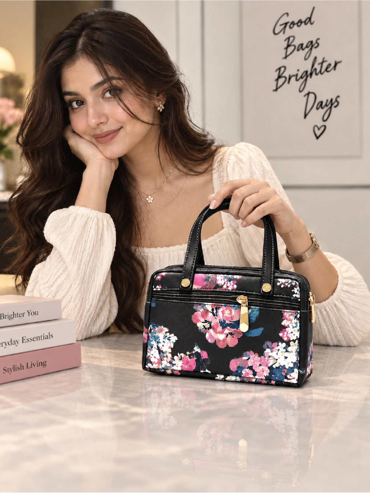 Floral Printed Women’s Hand Purse - Black