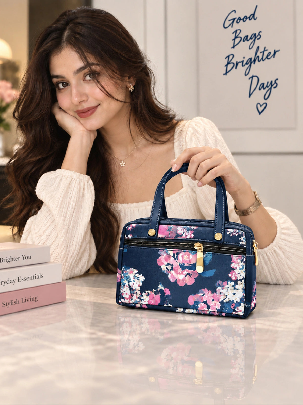 Floral Printed Women’s Hand Purse - Navy Blue