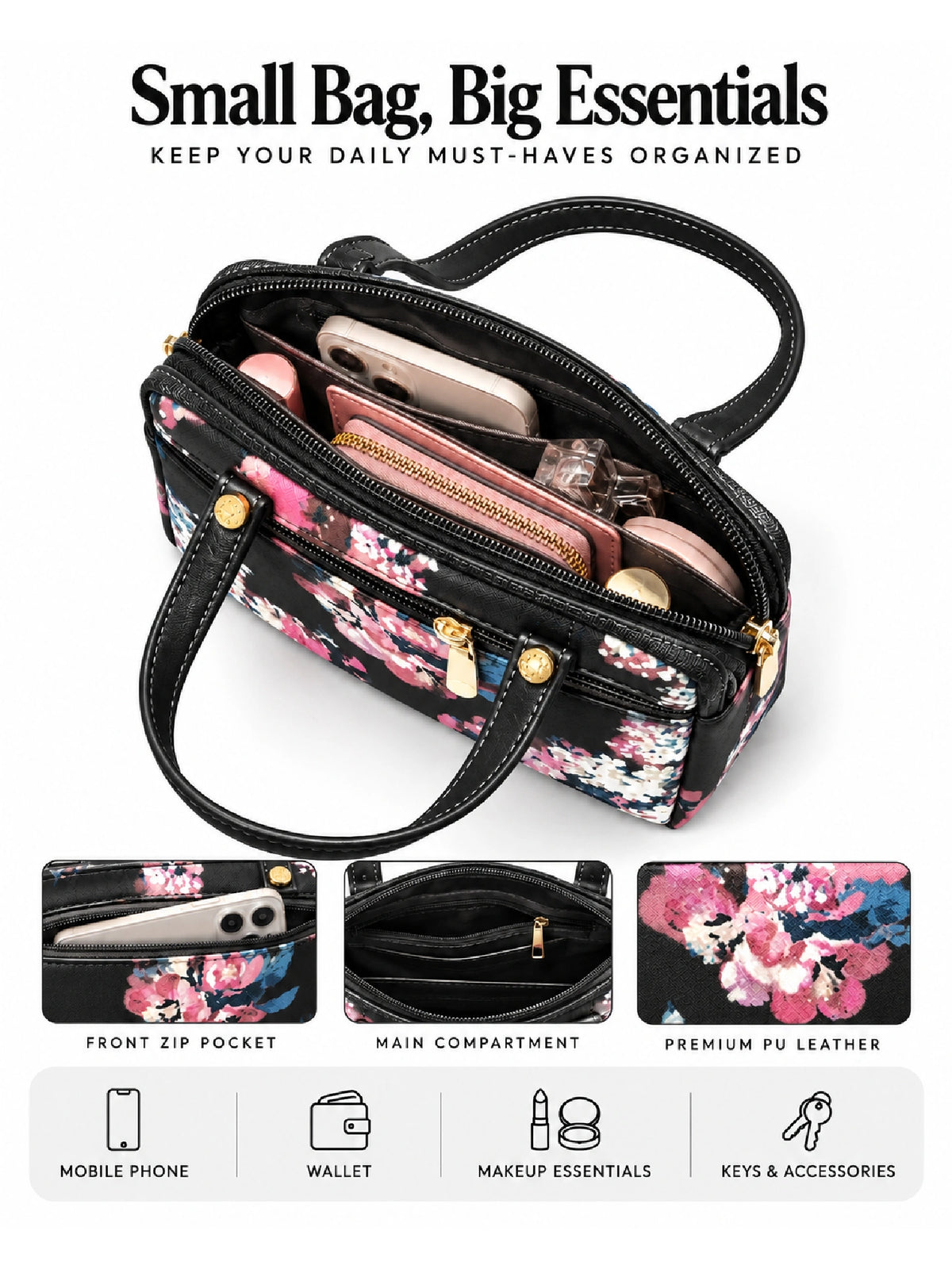 Floral Printed Women’s Hand Purse - Black