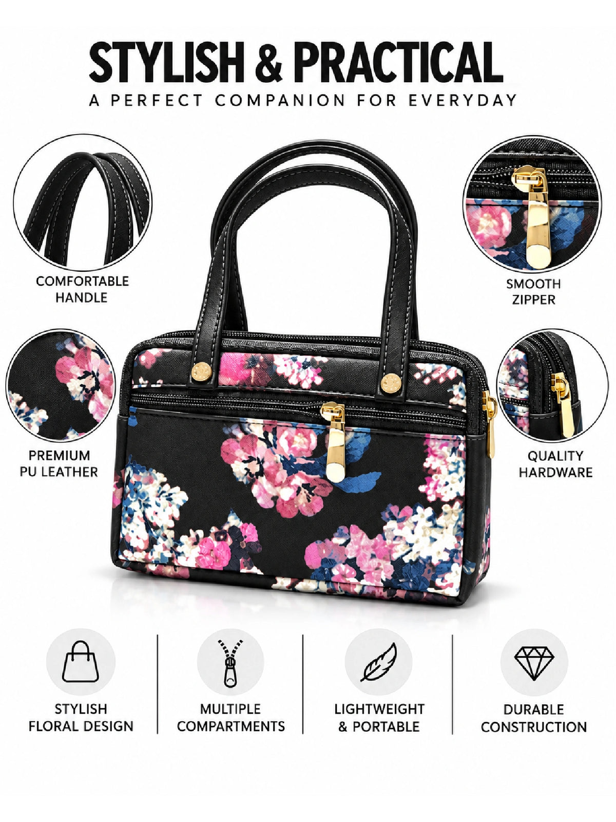 Floral Printed Women’s Hand Purse - Black