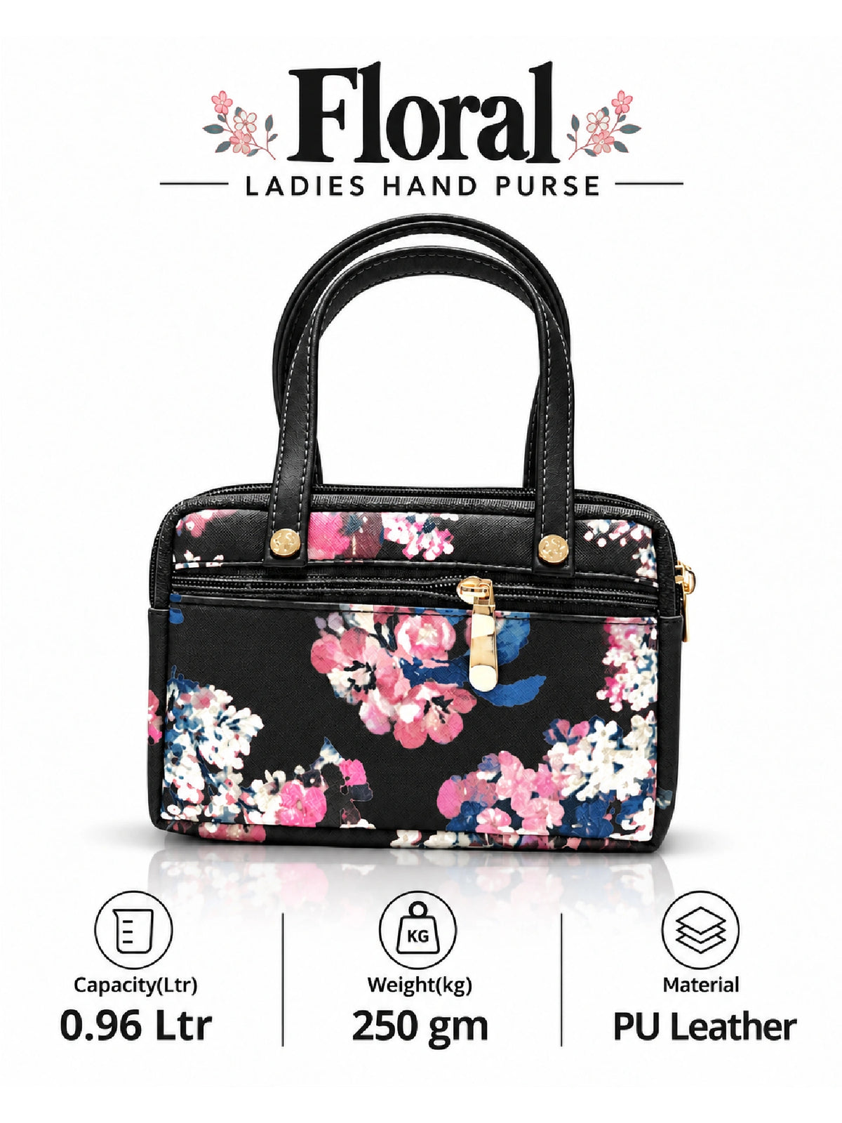 Floral Printed Women’s Hand Purse - Black