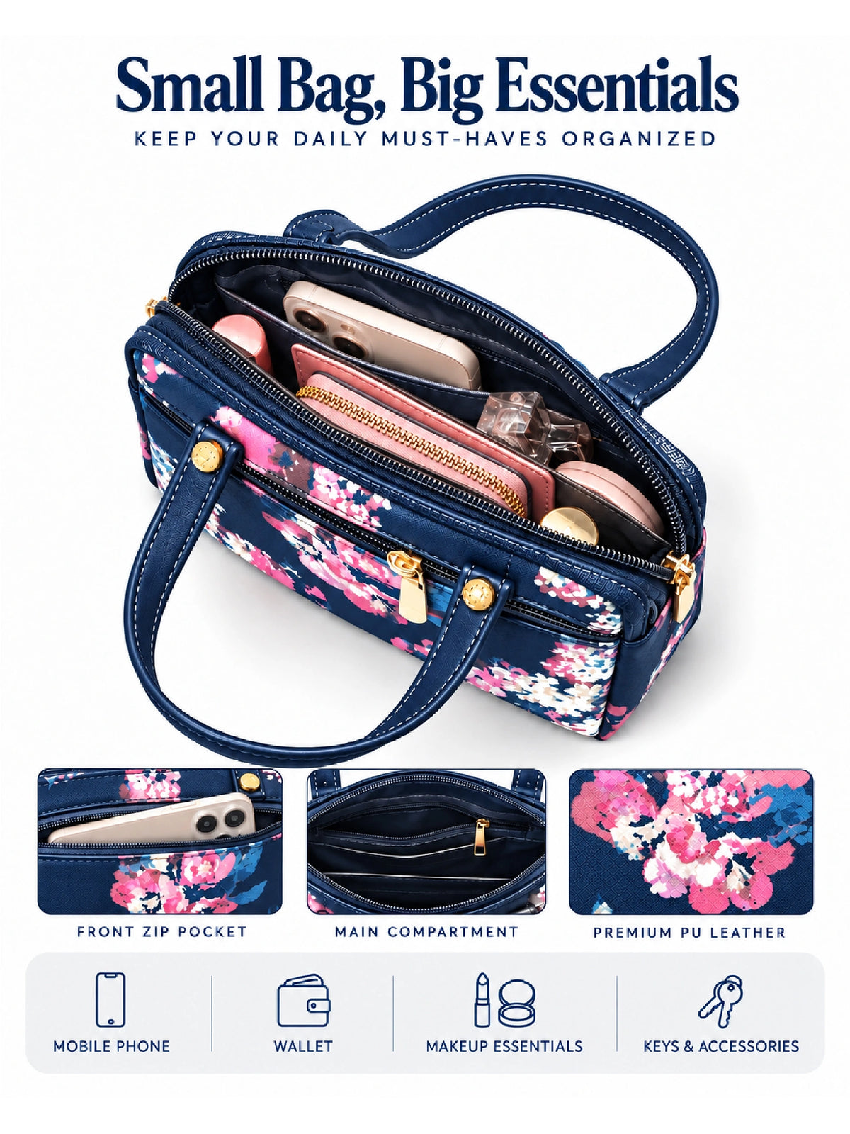 Floral Printed Women’s Hand Purse - Navy Blue