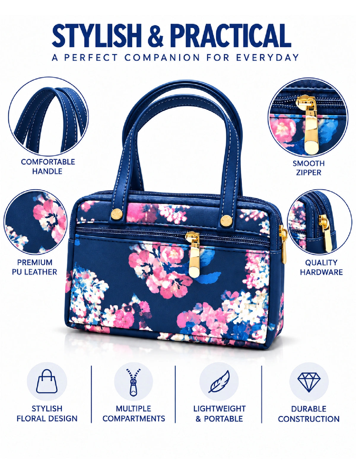 Floral Printed Women’s Hand Purse - Navy Blue