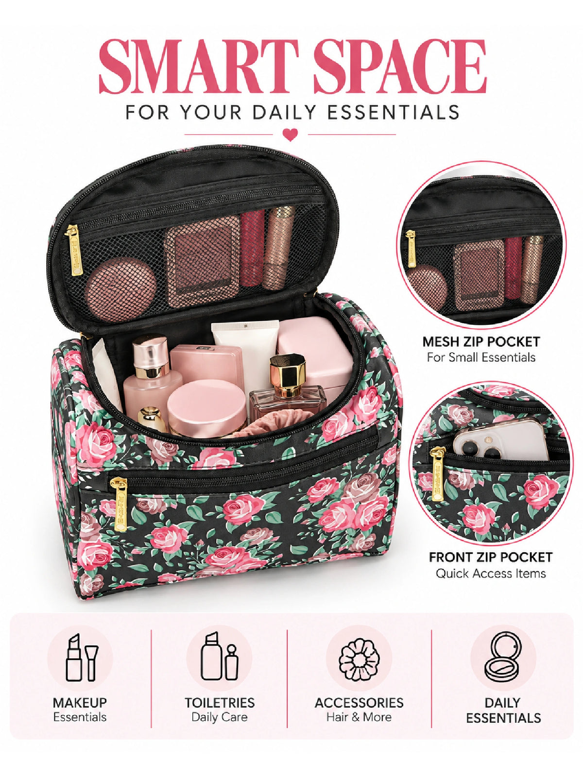 Floral Makeup Vanity Bag - Cosmetic Organizer