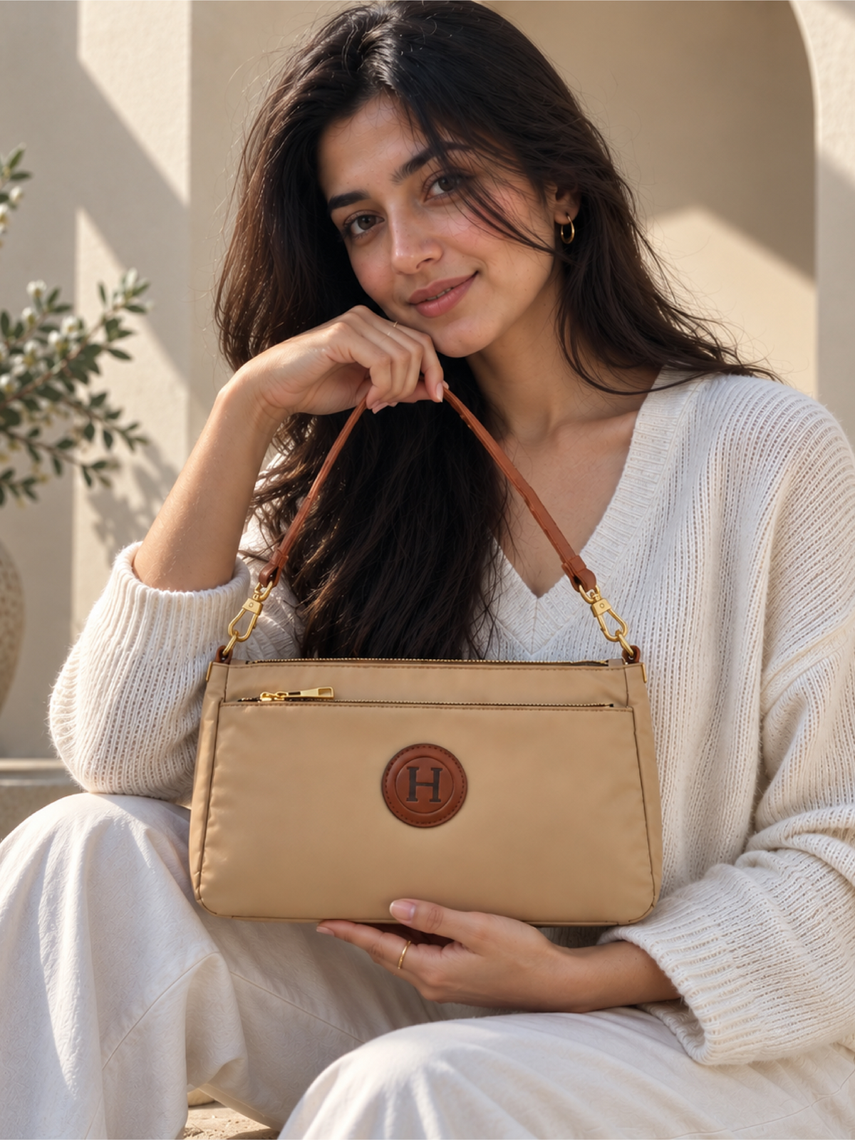 Ladies Nylon Sling Shoulder Bag - Beige