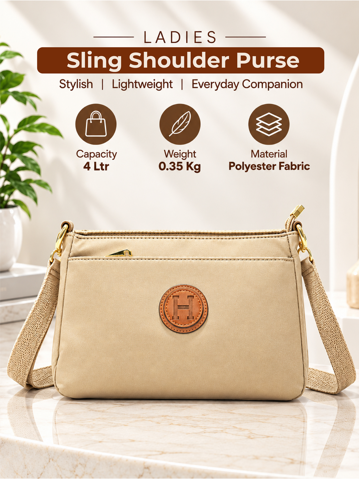 Ladies Nylon Sling Shoulder Bag - Beige