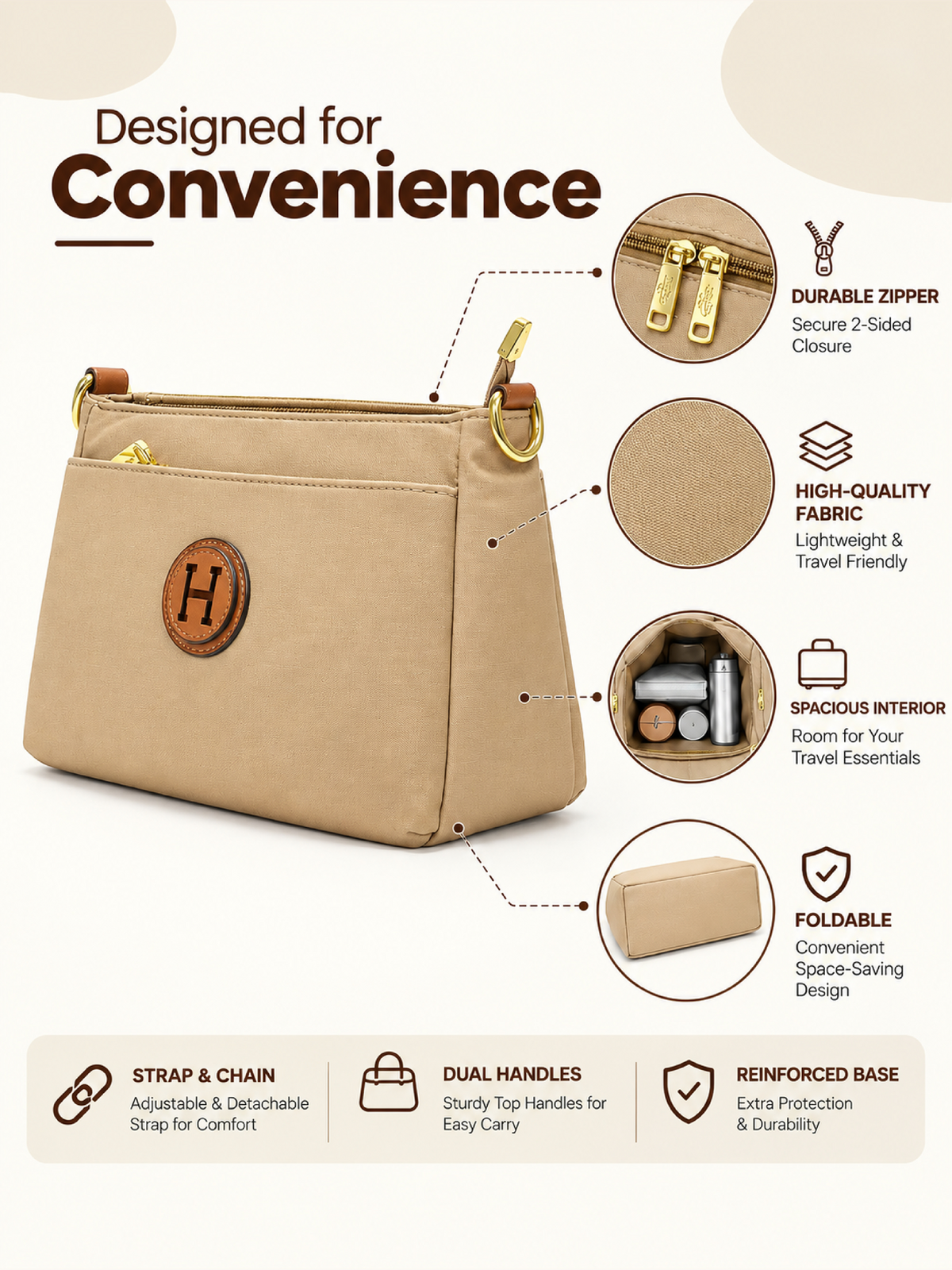 Ladies Nylon Sling Shoulder Bag - Beige