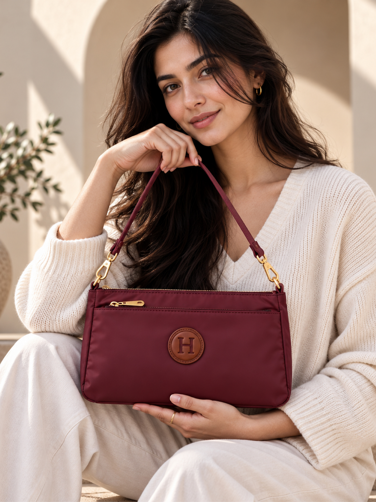 Ladies Nylon Sling Shoulder Bag - Burgundy